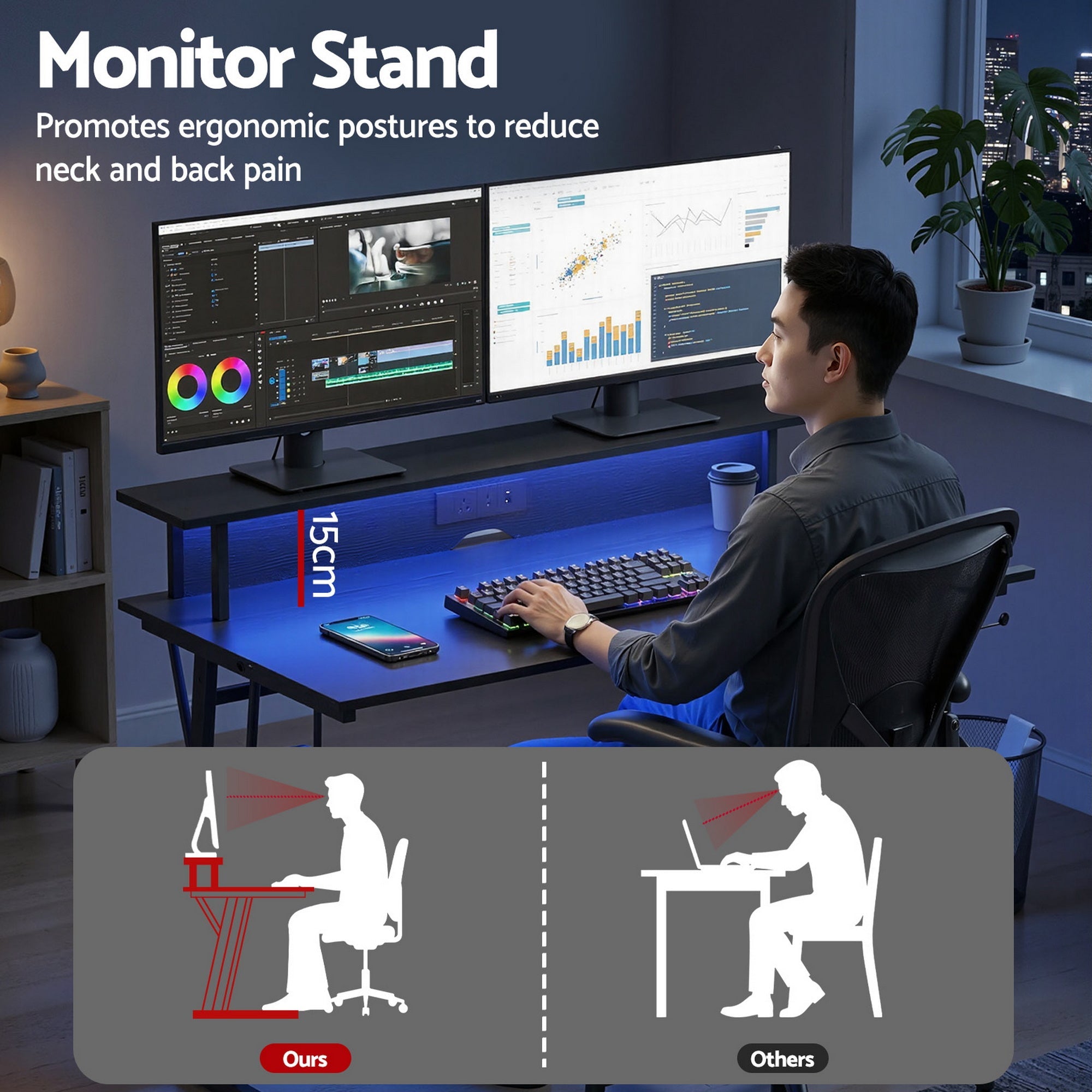 Gaming Desk with LED Lights Computer Desk Table with Monitor Shelf Power 120cm - Furniture > Office > Desks - Rivercity House & Home Co. (ABN 18 642 972 209) - Affordable Modern Furniture Australia