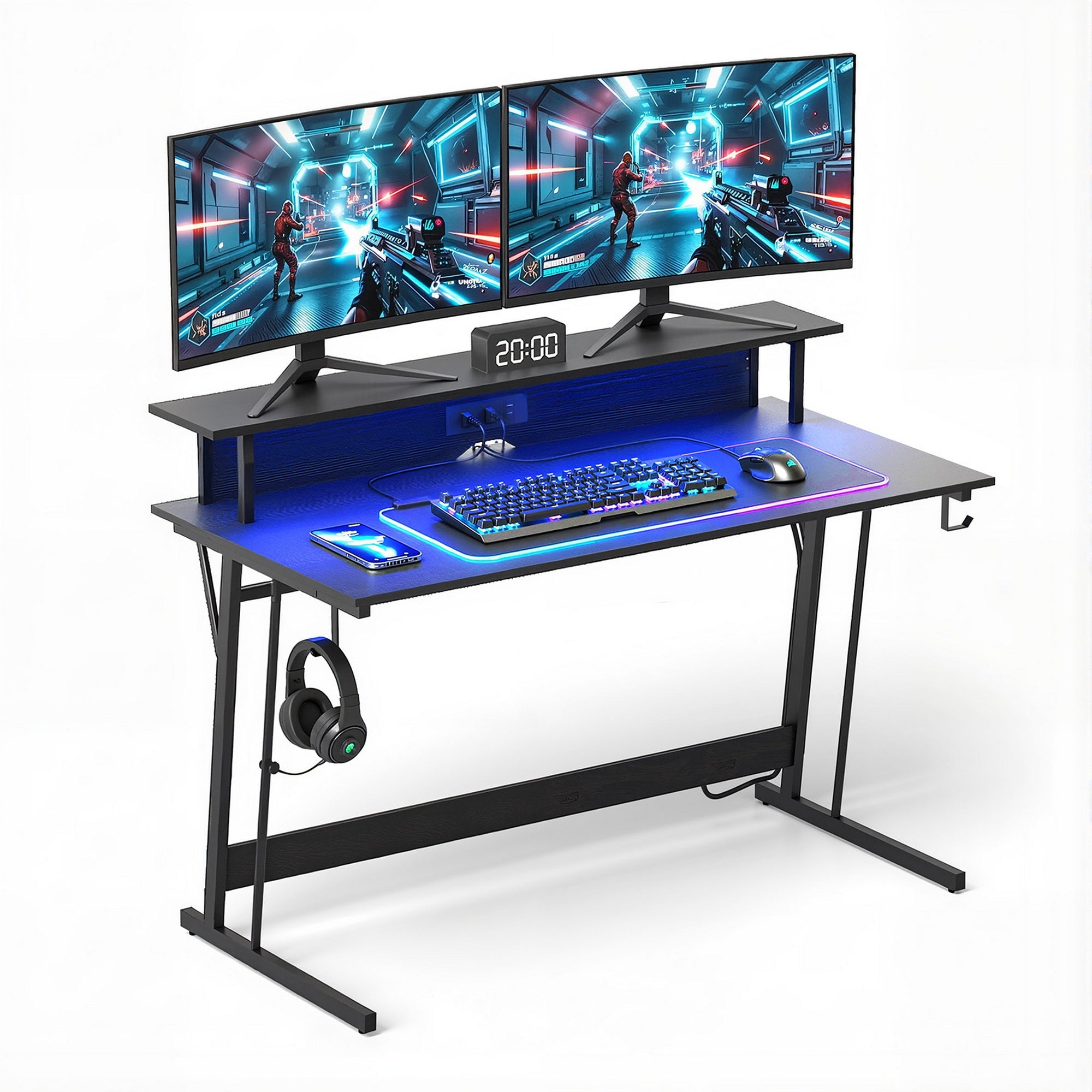 Gaming Desk with LED Lights Computer Desk Table with Monitor Shelf Power 120cm - Furniture > Office > Desks - Rivercity House & Home Co. (ABN 18 642 972 209) - Affordable Modern Furniture Australia