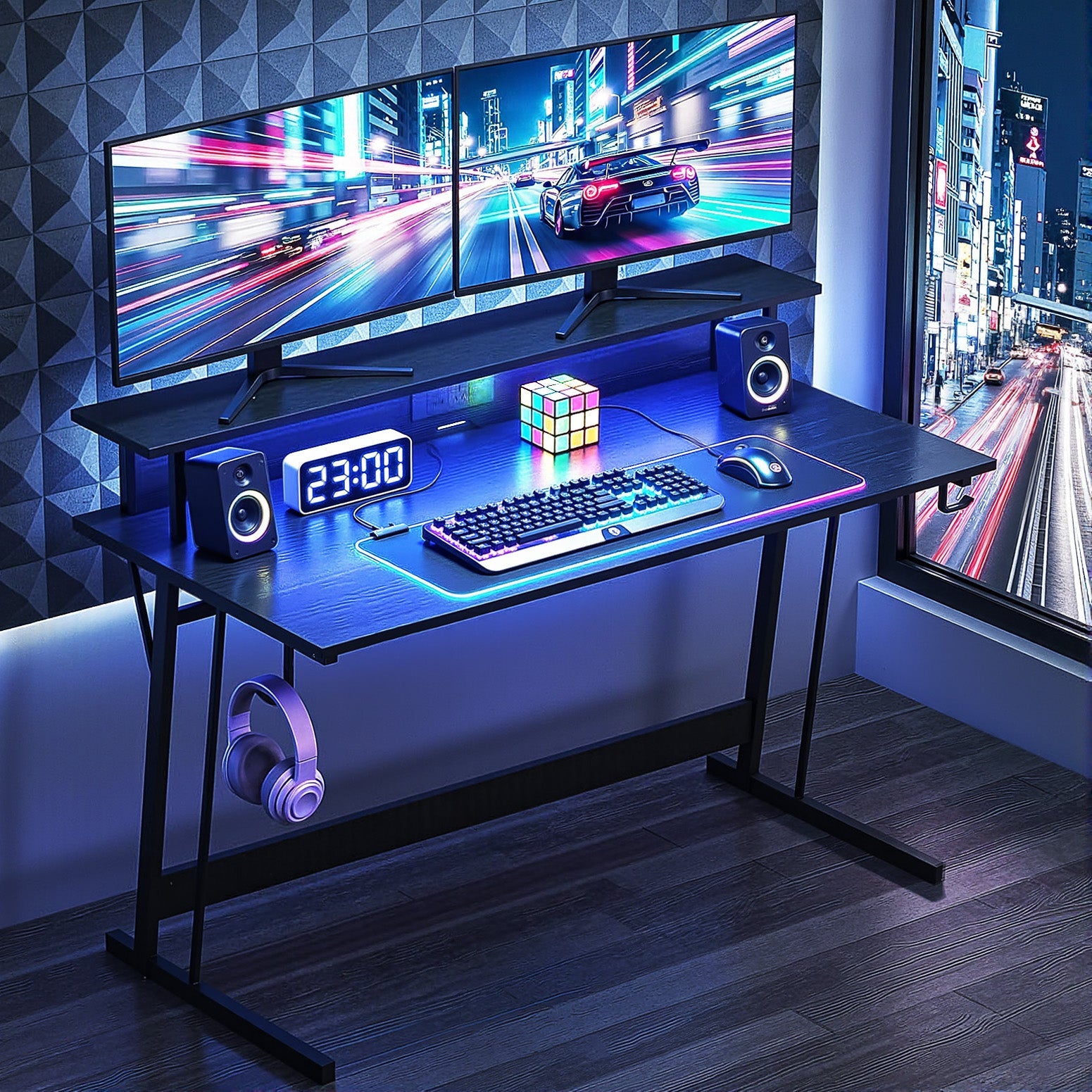 Gaming Desk with LED Lights Computer Desk Table with Monitor Shelf Power 120cm - Furniture > Office > Desks - Rivercity House & Home Co. (ABN 18 642 972 209) - Affordable Modern Furniture Australia