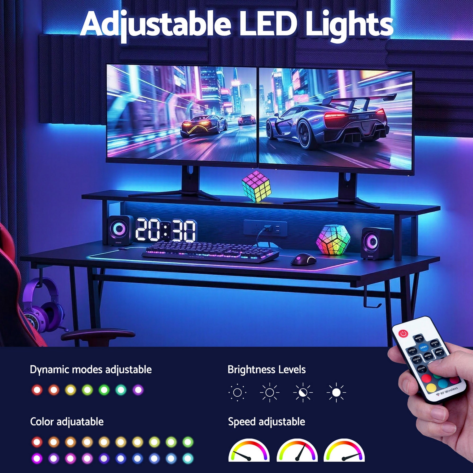 Gaming Desk with LED Lights Computer Desk Table with Monitor Shelf Power 120cm - Furniture > Office > Desks - Rivercity House & Home Co. (ABN 18 642 972 209) - Affordable Modern Furniture Australia