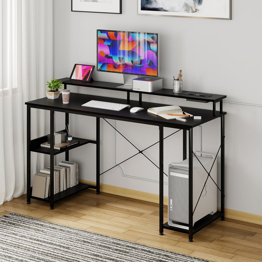 Gaming Desk with Monitor Shelf 140cm and RGB Lighting - Black - Rivercity House & Home Co. (ABN 18 642 972 209) - Affordable Modern Furniture Australia