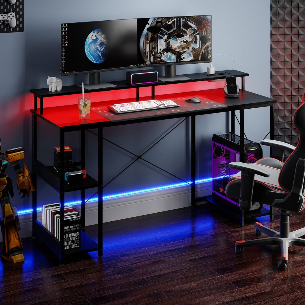 Gaming Desk with Monitor Shelf 140cm and RGB Lighting - Black - Rivercity House & Home Co. (ABN 18 642 972 209) - Affordable Modern Furniture Australia