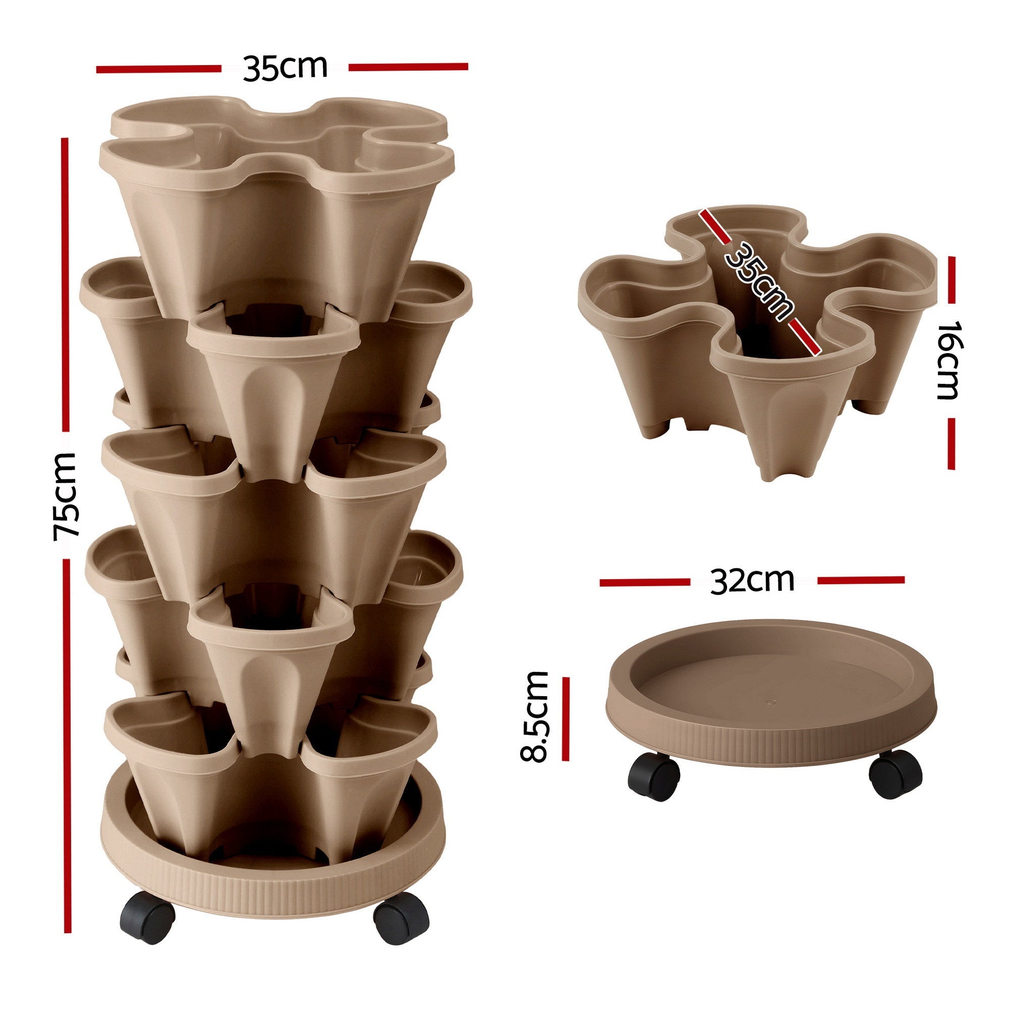 Garden Bed 5 Tier Vertical Garden Grey Strawberry Stackable Planters Herb Petunias Tan - Home & Garden > Garden Beds > Garden Beds & Planters - Rivercity House & Home Co. (ABN 18 642 972 209) - Affordable Modern Furniture Australia