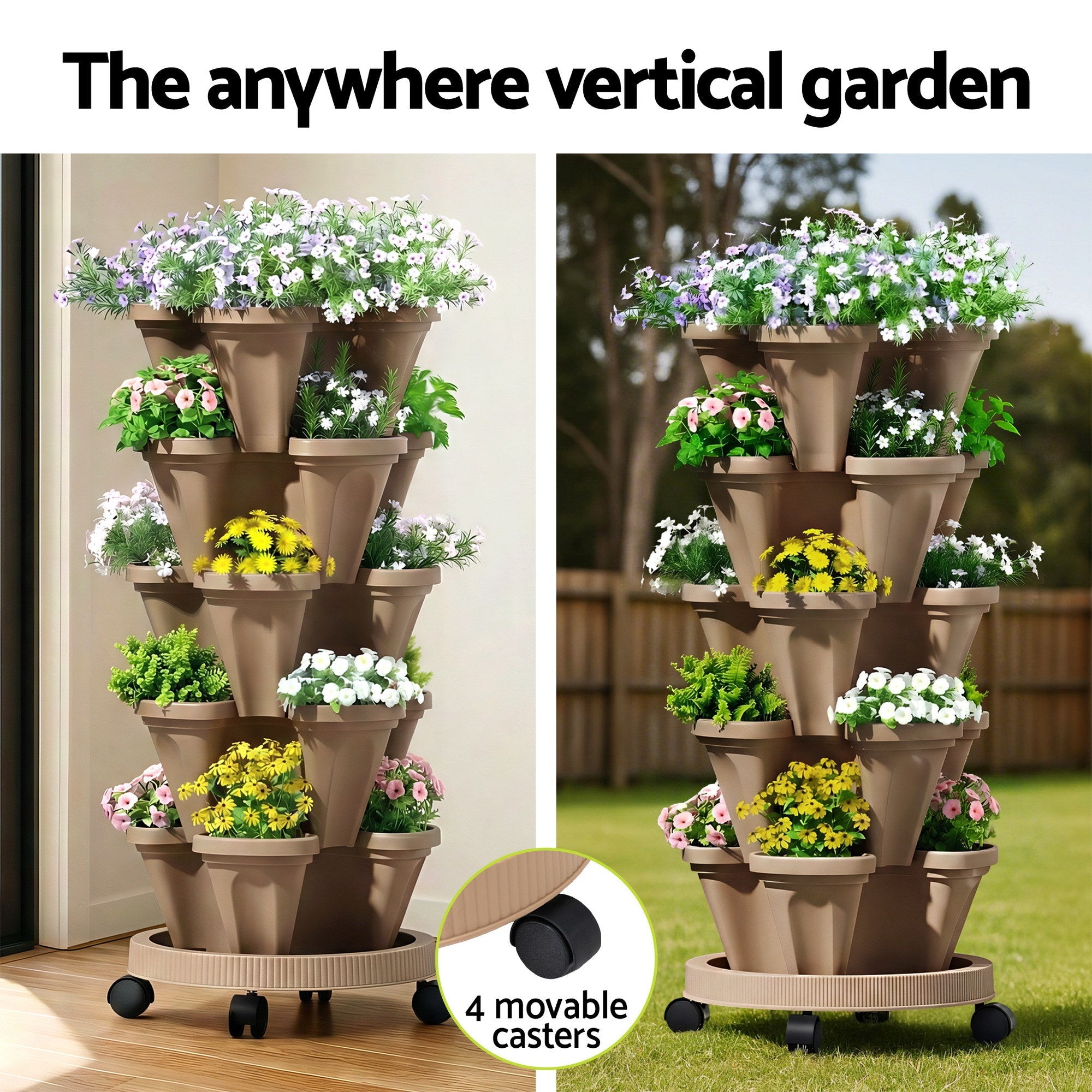 Garden Bed 5 Tier Vertical Garden Grey Strawberry Stackable Planters Herb Petunias Tan - Home & Garden > Garden Beds > Garden Beds & Planters - Rivercity House & Home Co. (ABN 18 642 972 209) - Affordable Modern Furniture Australia