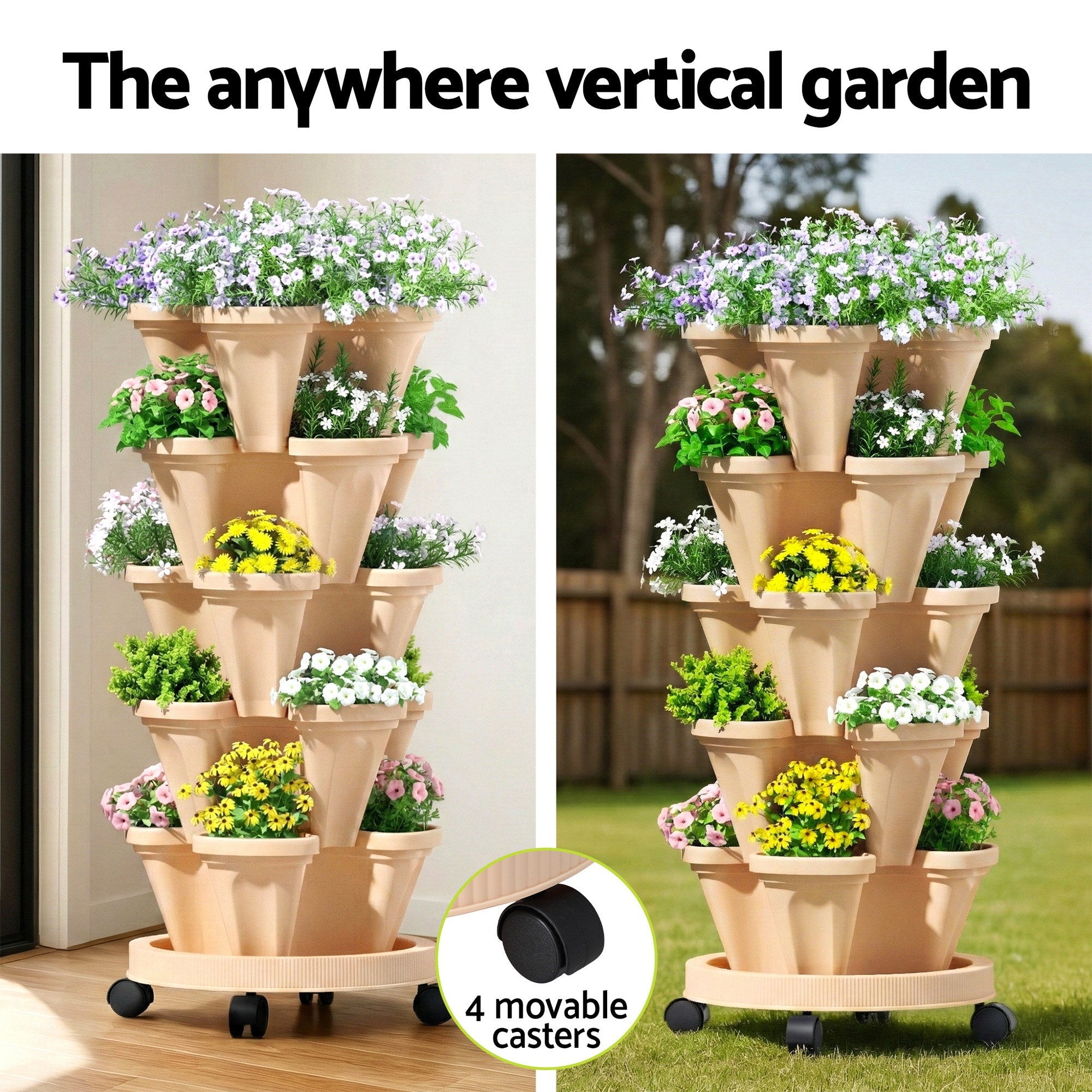 Garden Bed 5 Tier Vertical Garden Grey Strawberry Stackable Planters Herbs Beige - Home & Garden > Garden Beds > Garden Beds & Planters - Rivercity House & Home Co. (ABN 18 642 972 209) - Affordable Modern Furniture Australia