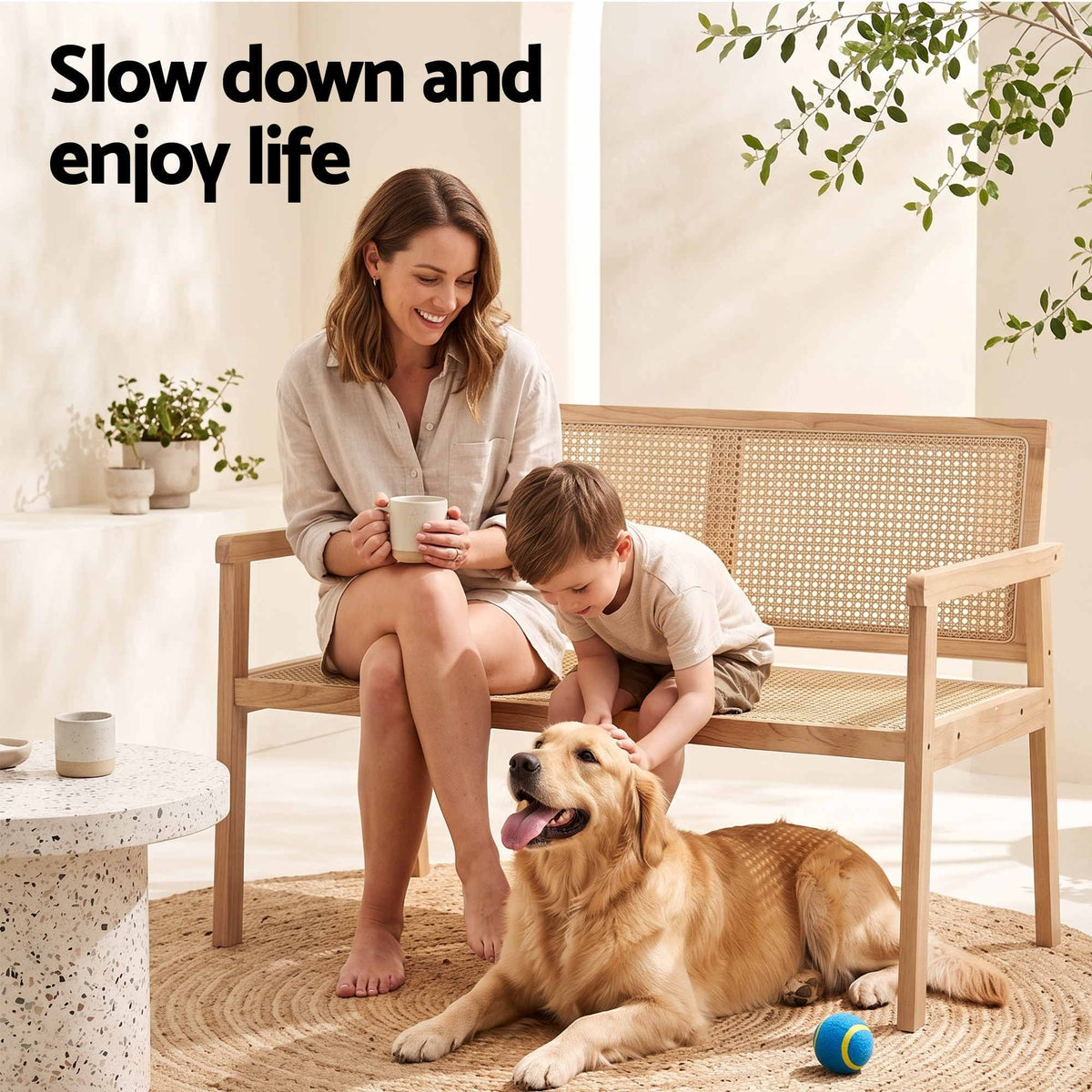 Garden Bench 107cm Wooden Frame with PVC Woven Seat and Backrest - Natural Wood - Furniture > Outdoor > Outdoor Chairs - Rivercity House & Home Co. (ABN 18 642 972 209) - Affordable Modern Furniture Australia