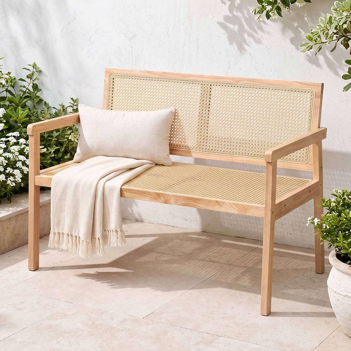 Garden Bench 107cm Wooden Frame with PVC Woven Seat and Backrest - Natural Wood - Furniture > Outdoor > Outdoor Chairs - Rivercity House & Home Co. (ABN 18 642 972 209) - Affordable Modern Furniture Australia