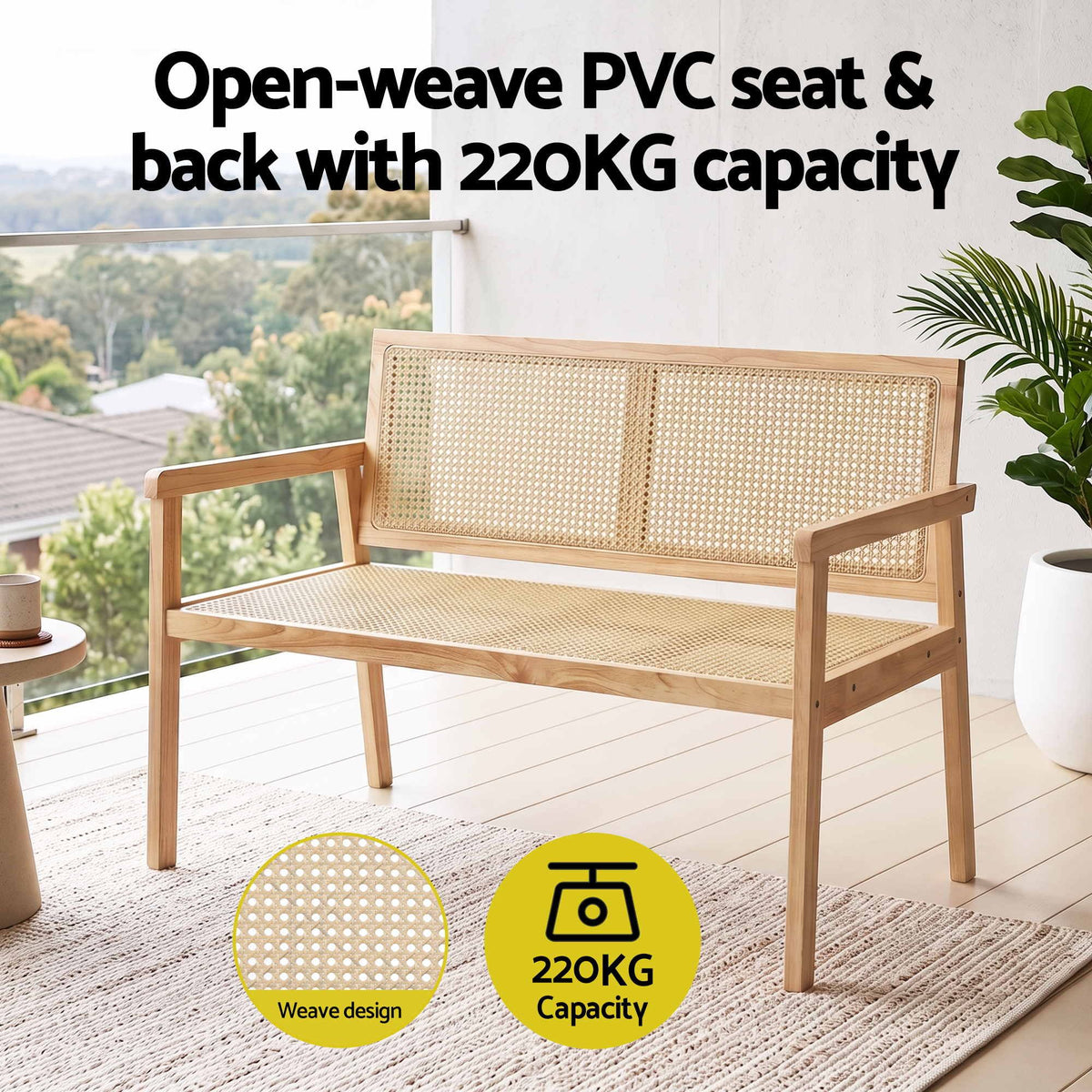 Garden Bench 107cm Wooden Frame with PVC Woven Seat and Backrest - Natural Wood - Furniture > Outdoor > Outdoor Chairs - Rivercity House & Home Co. (ABN 18 642 972 209) - Affordable Modern Furniture Australia