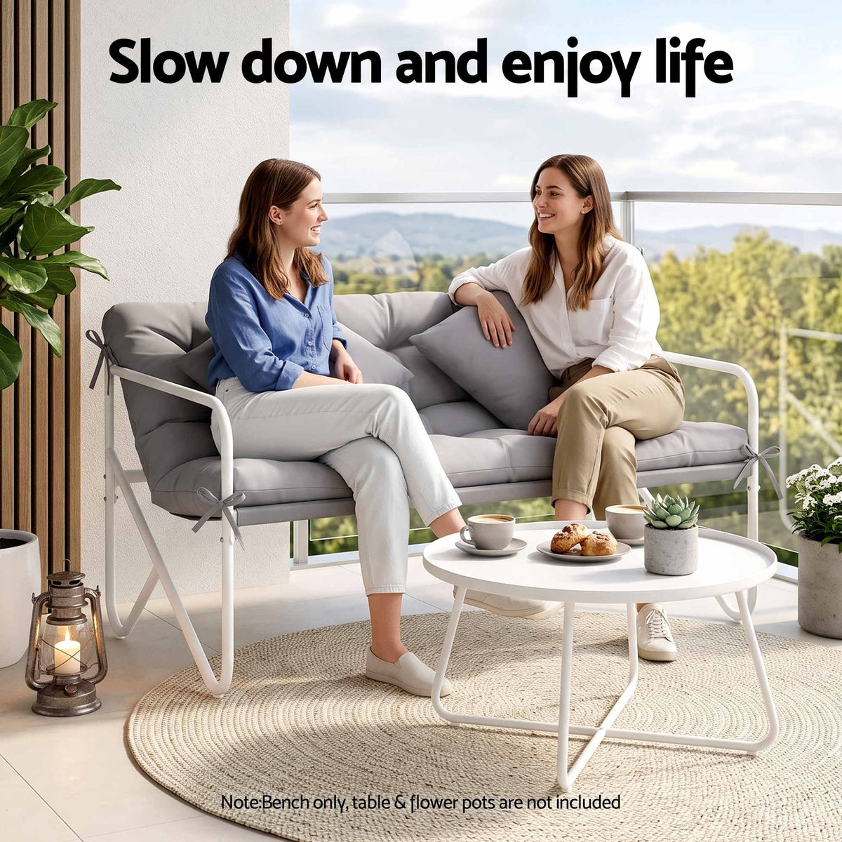Garden Bench 2 Seater Metal Outdoor with Cushion 118cm - Grey - Furniture > Outdoor > Outdoor Chairs - Rivercity House & Home Co. (ABN 18 642 972 209) - Affordable Modern Furniture Australia
