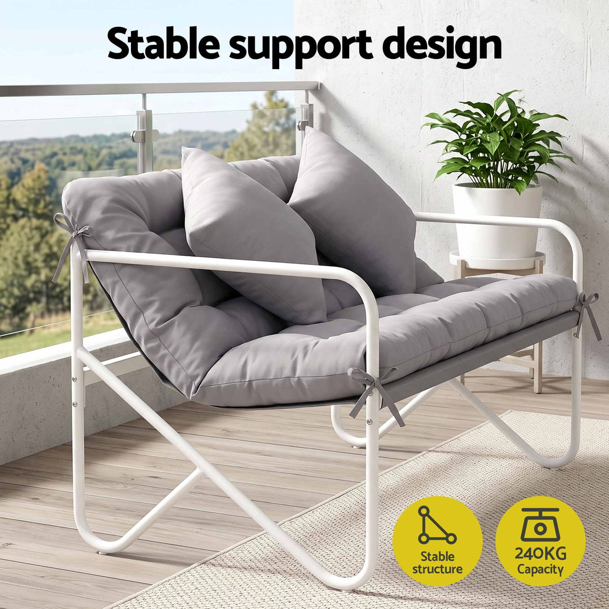 Garden Bench 2 Seater Metal Outdoor with Cushion 118cm - Grey - Furniture > Outdoor > Outdoor Chairs - Rivercity House & Home Co. (ABN 18 642 972 209) - Affordable Modern Furniture Australia