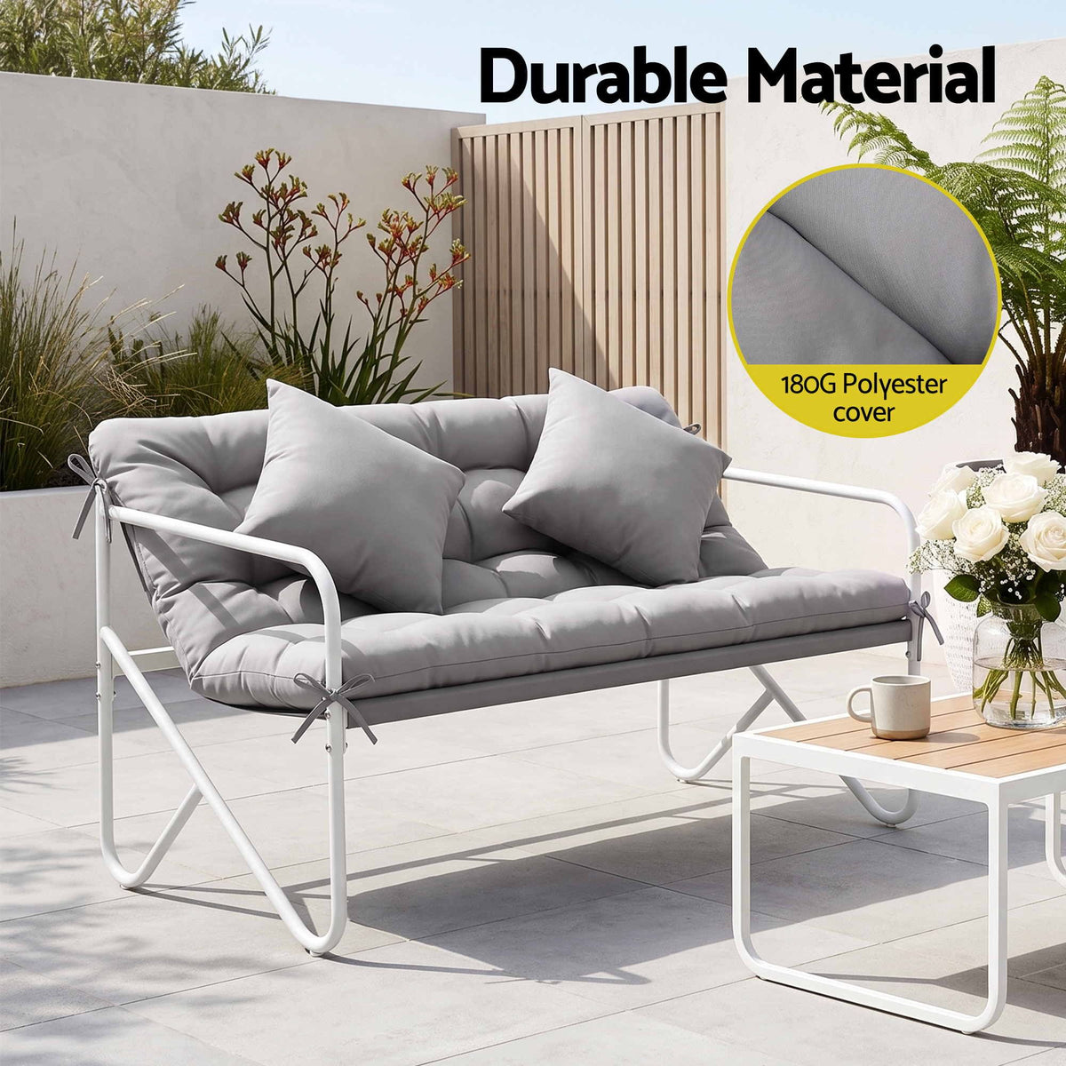 Garden Bench 2 Seater Metal Outdoor with Cushion 118cm - Grey - Furniture > Outdoor > Outdoor Chairs - Rivercity House & Home Co. (ABN 18 642 972 209) - Affordable Modern Furniture Australia