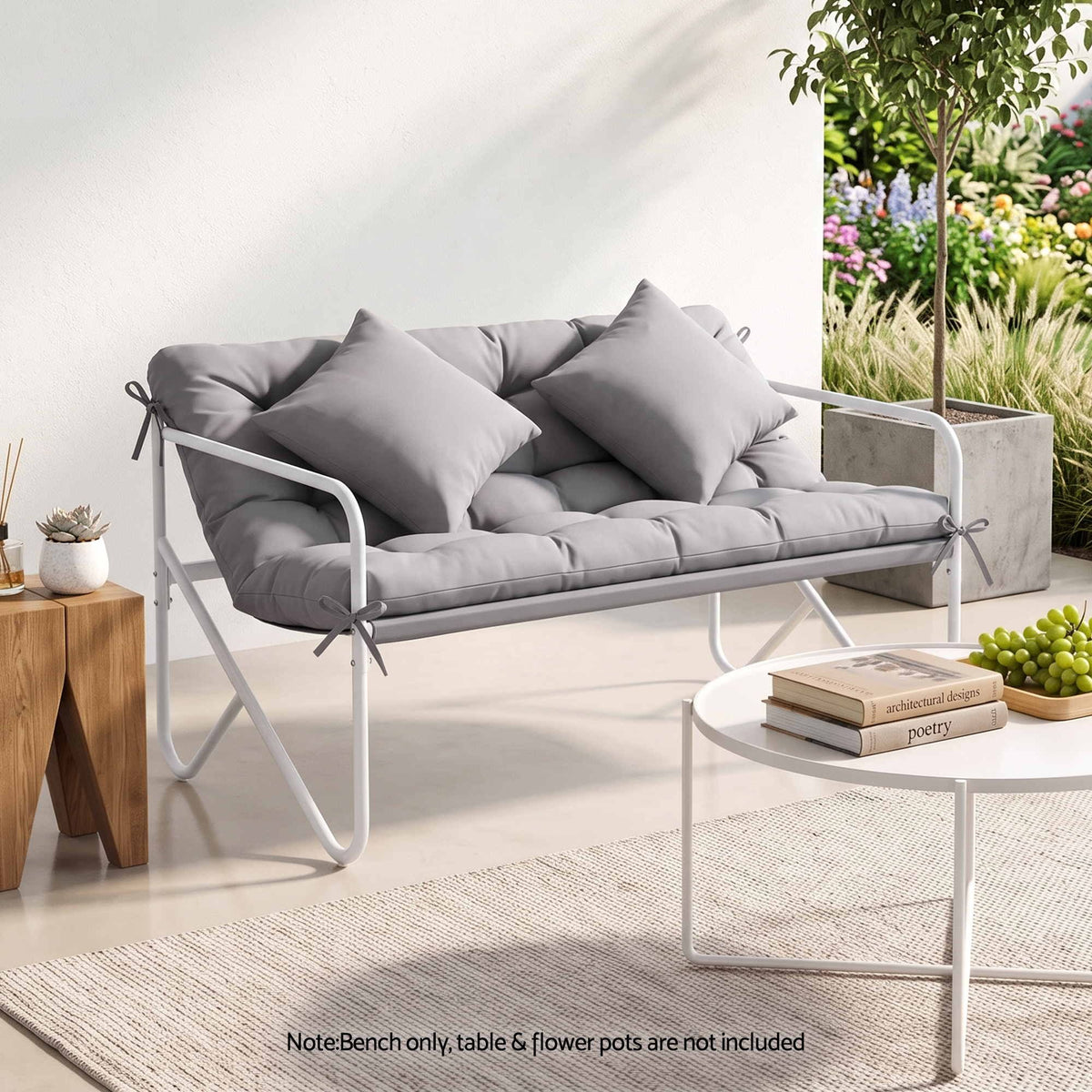 Garden Bench 2 Seater Metal Outdoor with Cushion 118cm - Grey - Furniture > Outdoor > Outdoor Chairs - Rivercity House & Home Co. (ABN 18 642 972 209) - Affordable Modern Furniture Australia