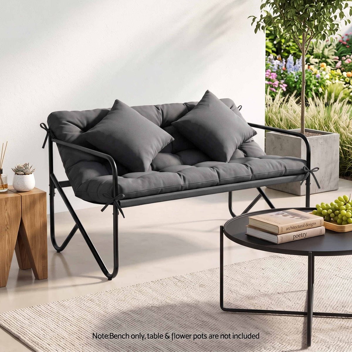 Garden Bench 2 Seater Outdoor Metal with Cushion 118cm - Black - Furniture > Outdoor > Outdoor Chairs - Rivercity House & Home Co. (ABN 18 642 972 209) - Affordable Modern Furniture Australia