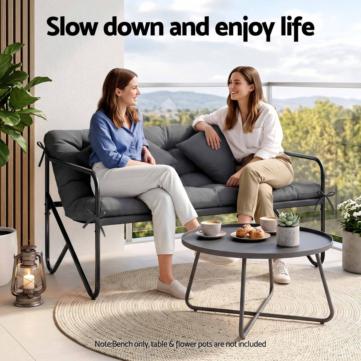 Garden Bench 2 Seater Outdoor Metal with Cushion 118cm - Black - Furniture > Outdoor > Outdoor Chairs - Rivercity House & Home Co. (ABN 18 642 972 209) - Affordable Modern Furniture Australia