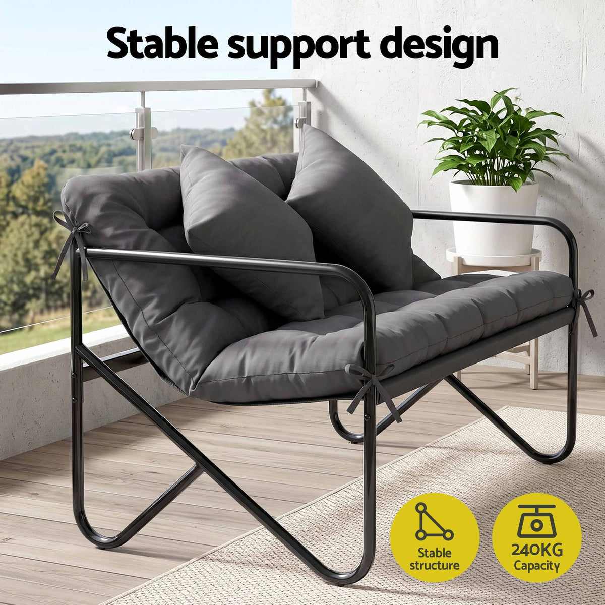 Garden Bench 2 Seater Outdoor Metal with Cushion 118cm - Black - Furniture > Outdoor > Outdoor Chairs - Rivercity House & Home Co. (ABN 18 642 972 209) - Affordable Modern Furniture Australia