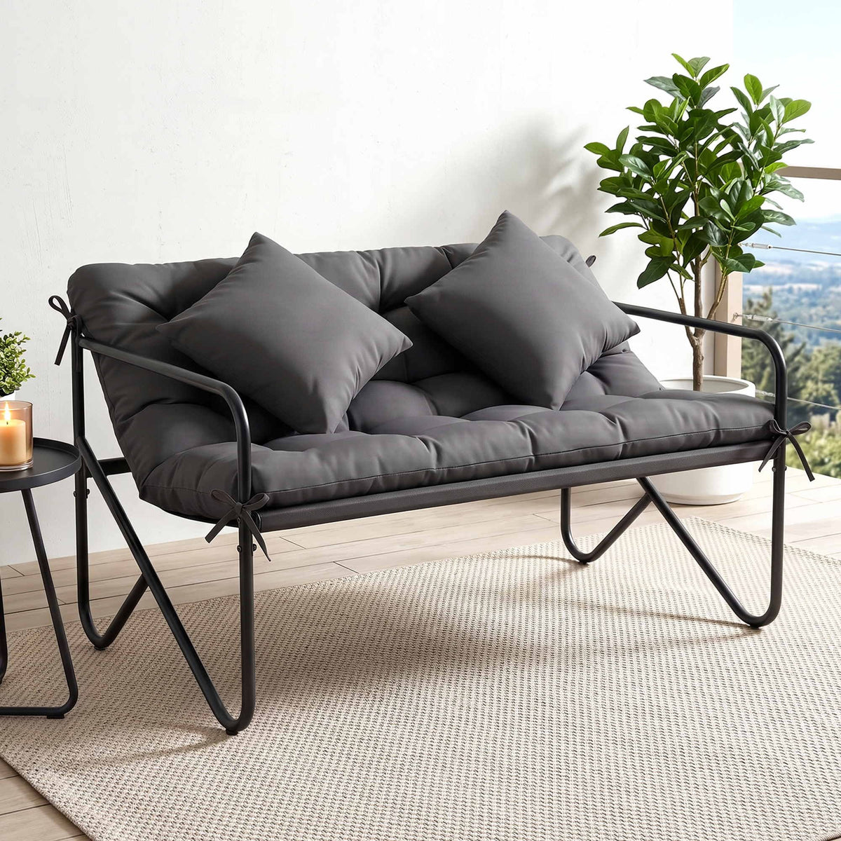 Garden Bench 2 Seater Outdoor Metal with Cushion 118cm - Black - Furniture > Outdoor > Outdoor Chairs - Rivercity House & Home Co. (ABN 18 642 972 209) - Affordable Modern Furniture Australia