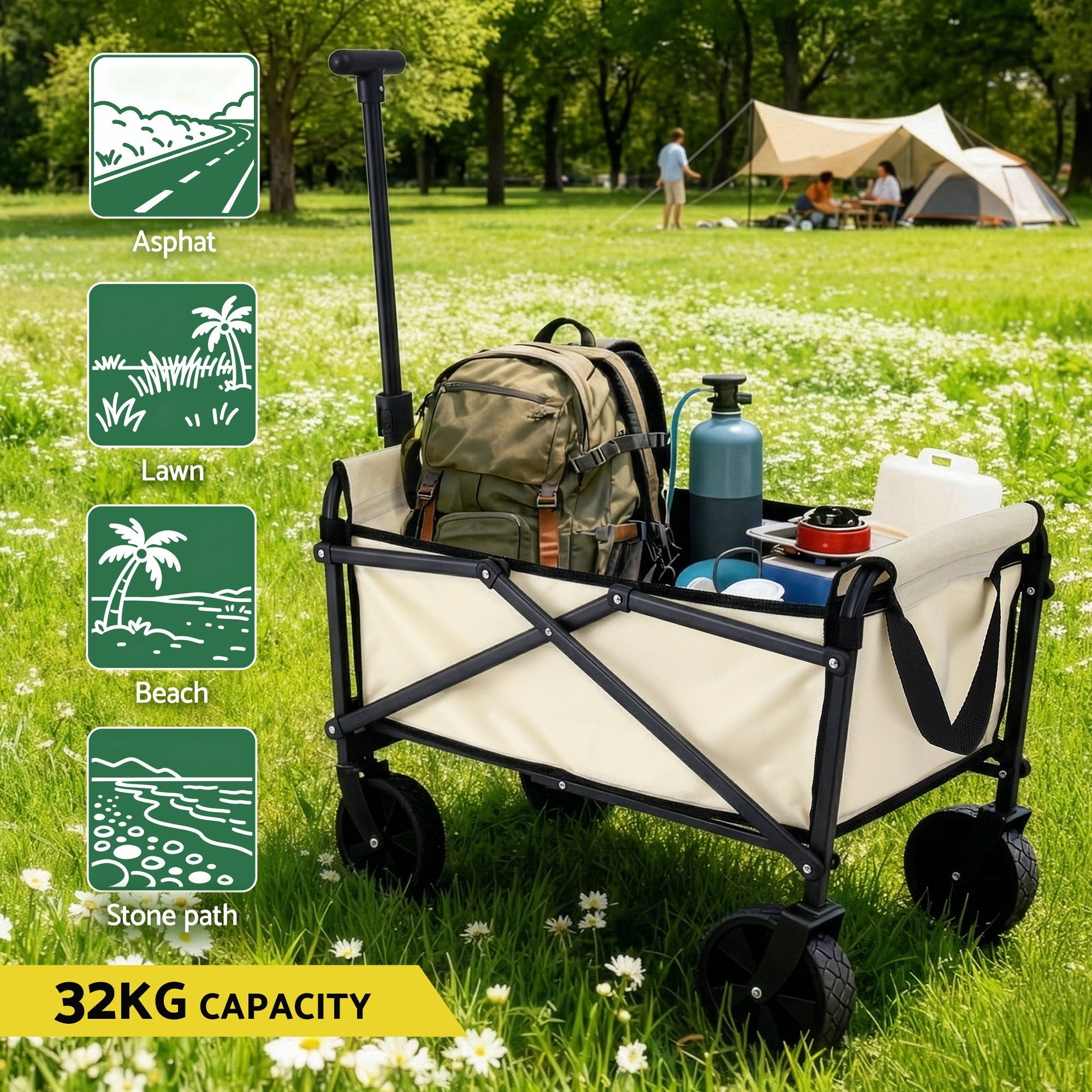 Garden Cart Folding Trolley Camping Wagon Barrow Outdoor Beach Beige - Home & Garden > Garden Tools > Spreaders & Wheelbarrows - Rivercity House & Home Co. (ABN 18 642 972 209) - Affordable Modern Furniture Australia
