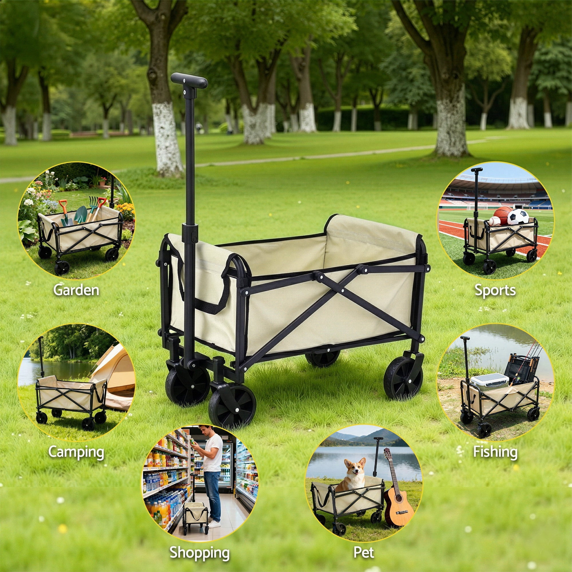 Garden Cart Folding Trolley Camping Wagon Barrow Outdoor Beach Beige - Home & Garden > Garden Tools > Spreaders & Wheelbarrows - Rivercity House & Home Co. (ABN 18 642 972 209) - Affordable Modern Furniture Australia