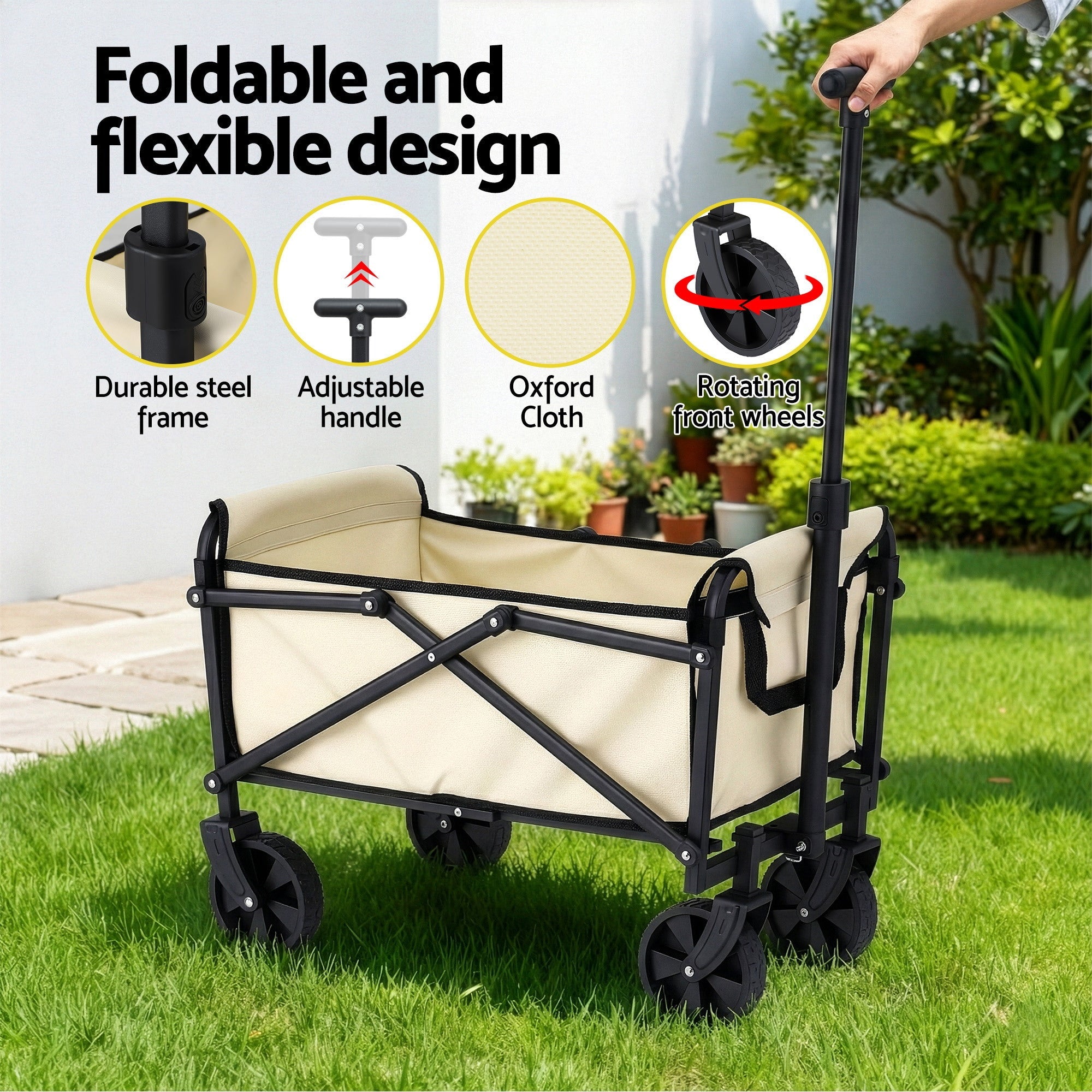 Garden Cart Folding Trolley Camping Wagon Barrow Outdoor Beach Beige - Home & Garden > Garden Tools > Spreaders & Wheelbarrows - Rivercity House & Home Co. (ABN 18 642 972 209) - Affordable Modern Furniture Australia