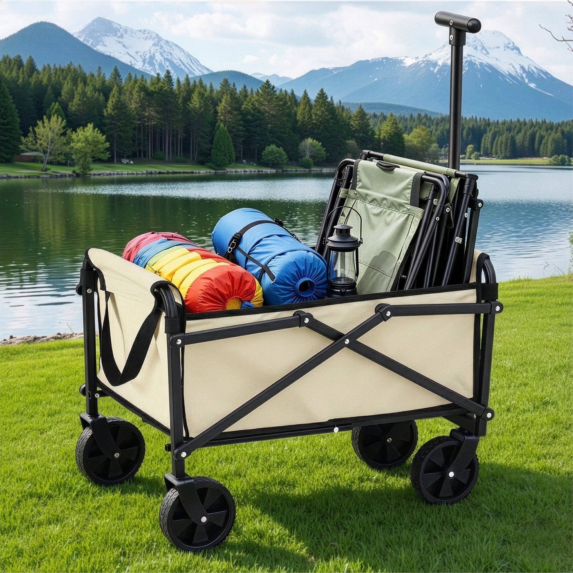 Garden Cart Folding Trolley Camping Wagon Barrow Outdoor Beach Beige - Home & Garden > Garden Tools > Spreaders & Wheelbarrows - Rivercity House & Home Co. (ABN 18 642 972 209) - Affordable Modern Furniture Australia