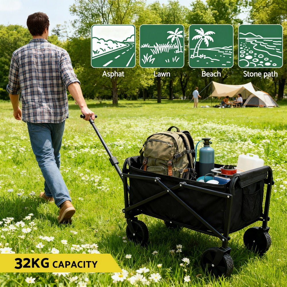 Garden Cart Folding Trolley Camping Wagon Barrow Outdoor Beach Black - Home & Garden > Garden Tools > Spreaders & Wheelbarrows - Rivercity House & Home Co. (ABN 18 642 972 209) - Affordable Modern Furniture Australia