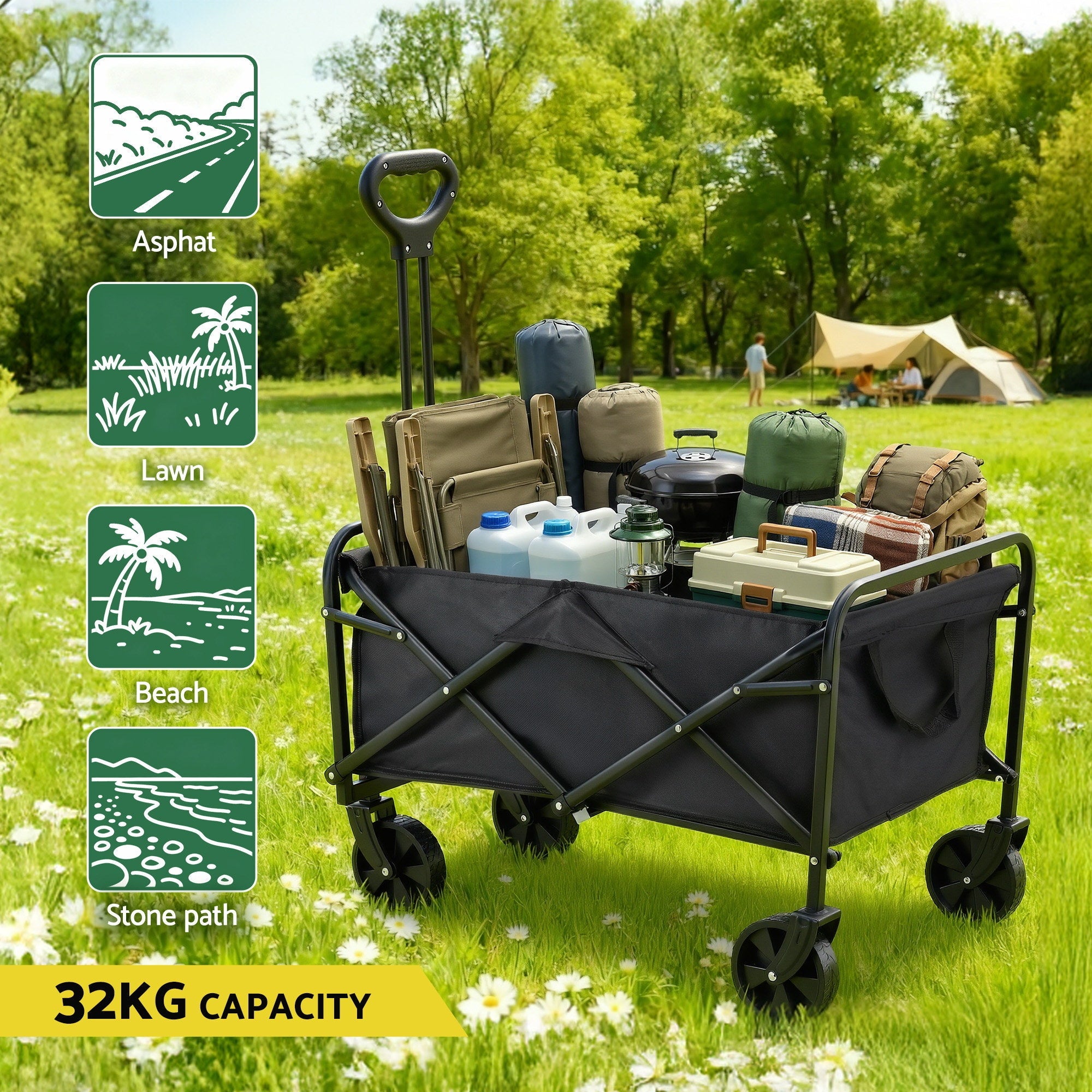Garden Cart Folding Trolley Camping Wagon Barrow Outdoor Beach Black - Home & Garden > Garden Tools > Spreaders & Wheelbarrows - Rivercity House & Home Co. (ABN 18 642 972 209) - Affordable Modern Furniture Australia