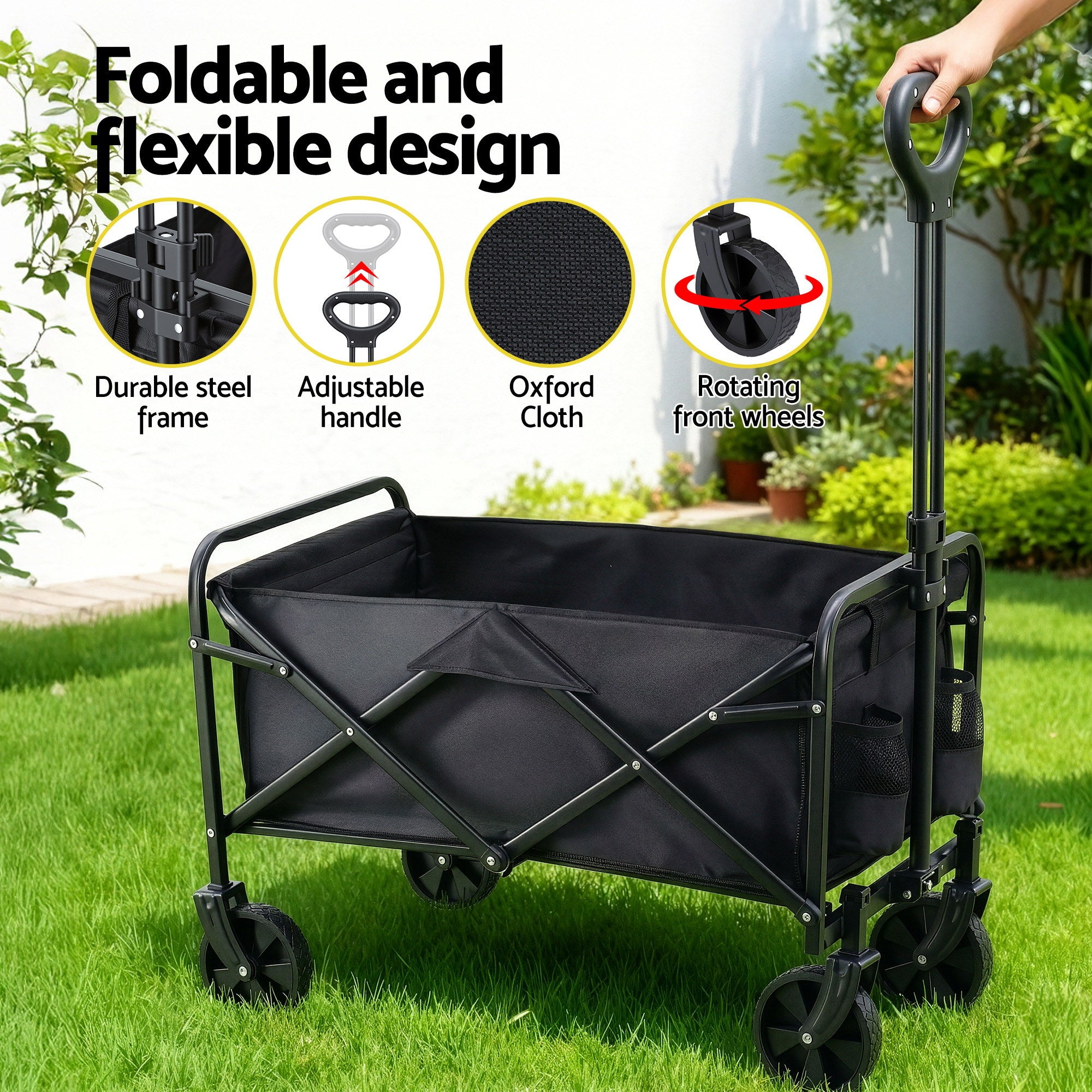 Garden Cart Folding Trolley Camping Wagon Barrow Outdoor Beach Black - Home & Garden > Garden Tools > Spreaders & Wheelbarrows - Rivercity House & Home Co. (ABN 18 642 972 209) - Affordable Modern Furniture Australia