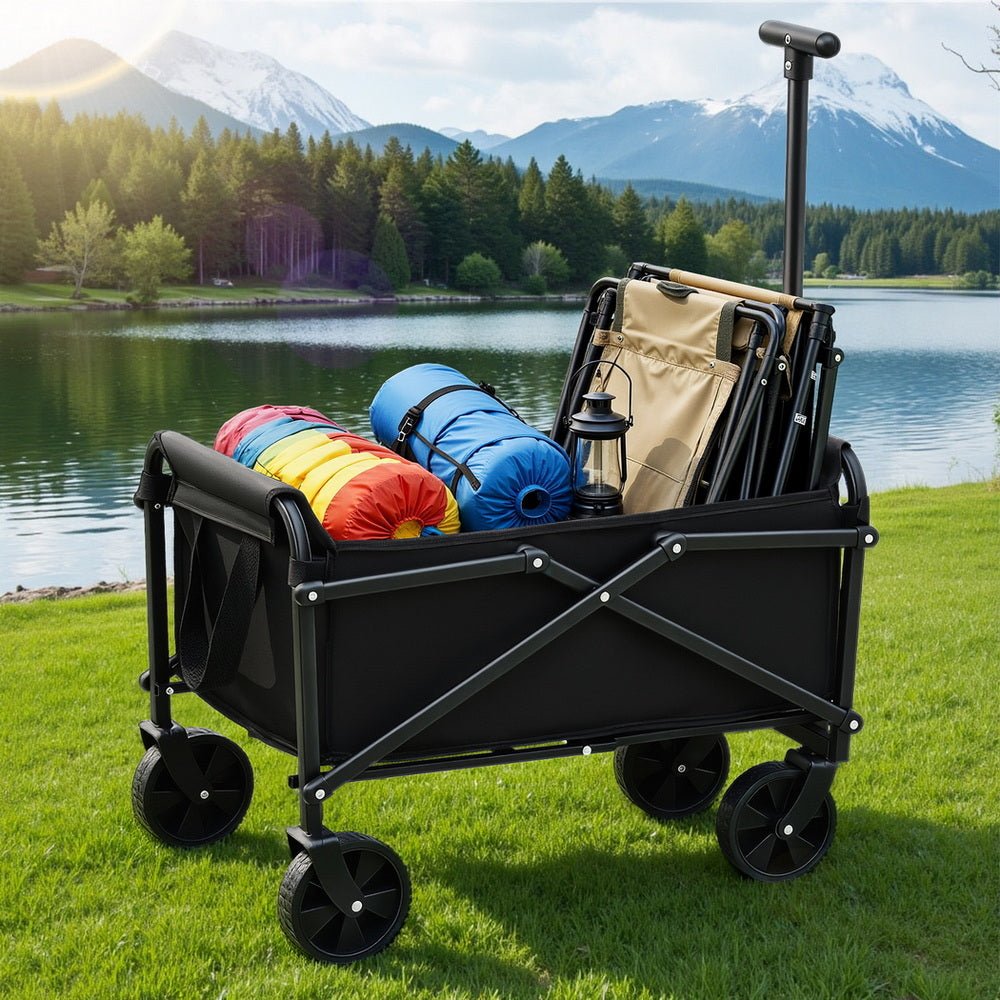 Garden Cart Folding Trolley Camping Wagon Barrow Outdoor Beach Black - Home & Garden > Garden Tools > Spreaders & Wheelbarrows - Rivercity House & Home Co. (ABN 18 642 972 209) - Affordable Modern Furniture Australia