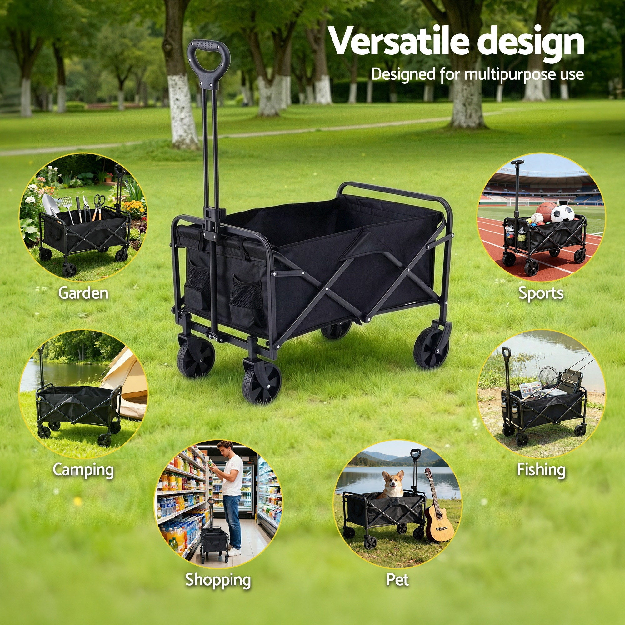 Garden Cart Folding Trolley Camping Wagon Barrow Outdoor Beach Black - Home & Garden > Garden Tools > Spreaders & Wheelbarrows - Rivercity House & Home Co. (ABN 18 642 972 209) - Affordable Modern Furniture Australia