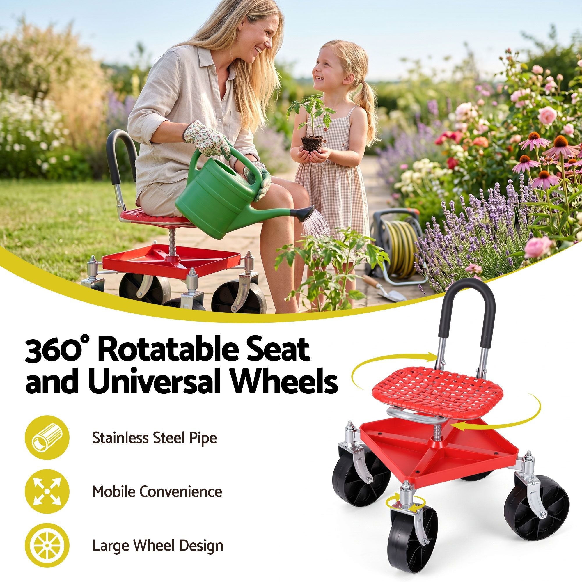 Garden Cart Seat Rolling Stool 360 Swivel Height Adjustable with Storage - Red - Home & Garden > Garden Tools > Gardening Accessories - Rivercity House & Home Co. (ABN 18 642 972 209) - Affordable Modern Furniture Australia