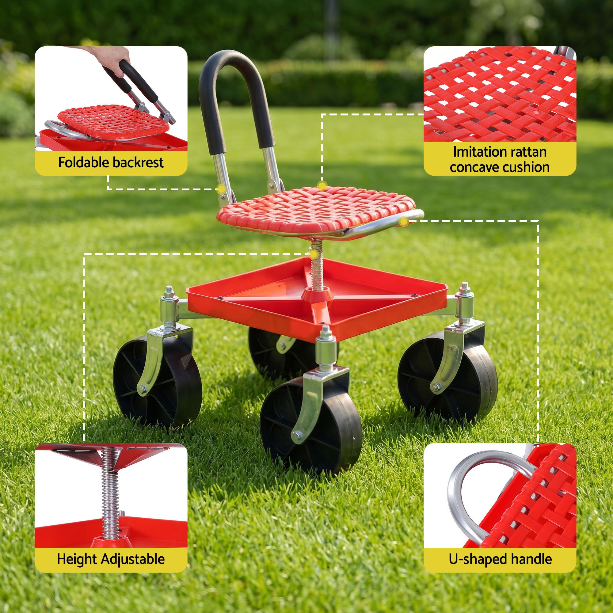 Garden Cart Seat Rolling Stool 360 Swivel Height Adjustable with Storage - Red - Home & Garden > Garden Tools > Gardening Accessories - Rivercity House & Home Co. (ABN 18 642 972 209) - Affordable Modern Furniture Australia