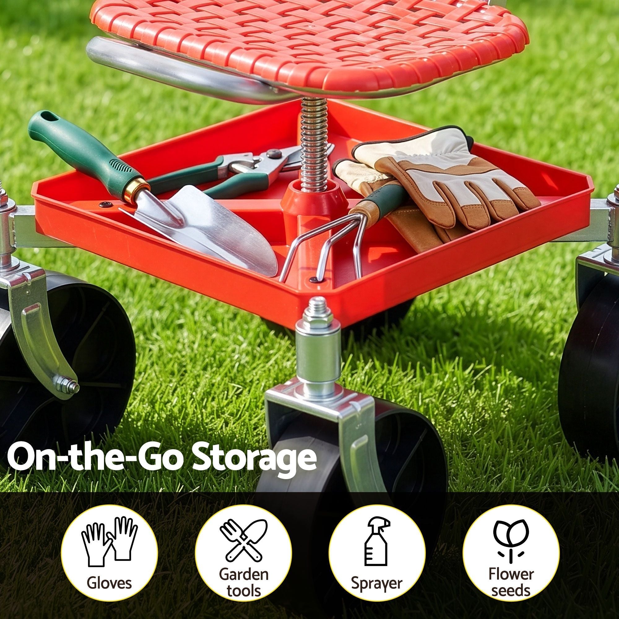 Garden Cart Seat Rolling Stool 360 Swivel Height Adjustable with Storage - Red - Home & Garden > Garden Tools > Gardening Accessories - Rivercity House & Home Co. (ABN 18 642 972 209) - Affordable Modern Furniture Australia