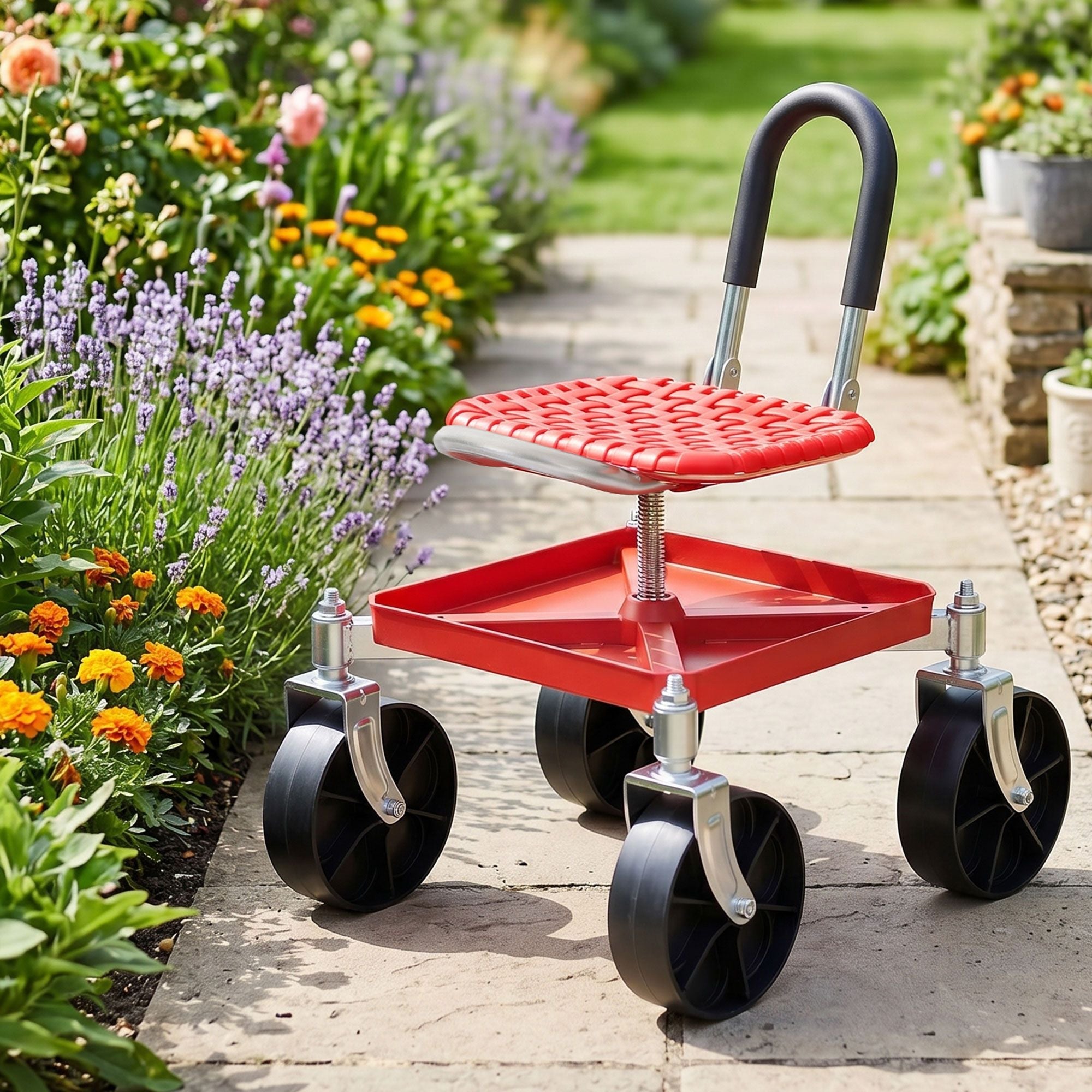 Garden Cart Seat Rolling Stool 360 Swivel Height Adjustable with Storage - Red - Home & Garden > Garden Tools > Gardening Accessories - Rivercity House & Home Co. (ABN 18 642 972 209) - Affordable Modern Furniture Australia