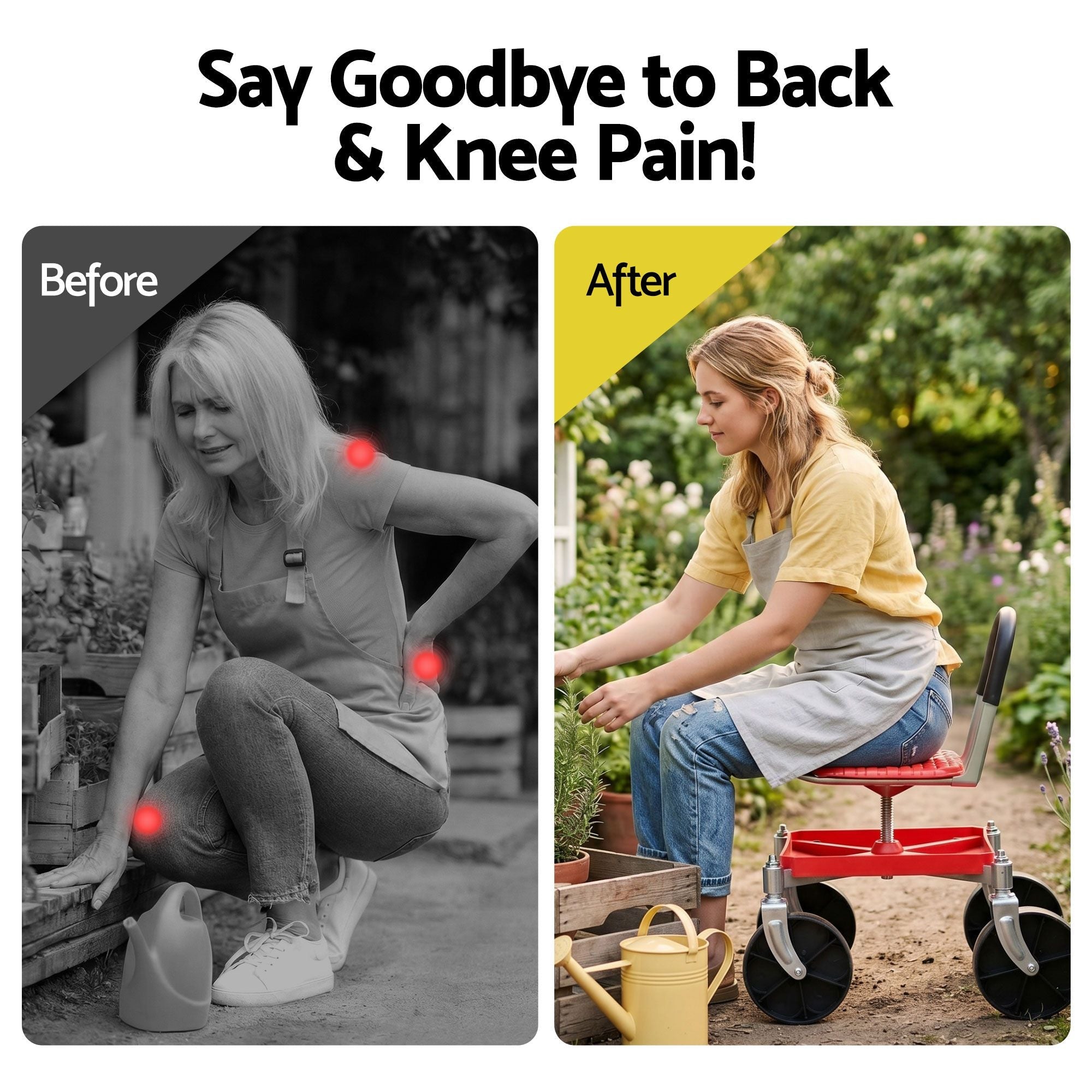 Garden Cart Seat Rolling Stool 360 Swivel Height Adjustable with Storage - Red - Home & Garden > Garden Tools > Gardening Accessories - Rivercity House & Home Co. (ABN 18 642 972 209) - Affordable Modern Furniture Australia