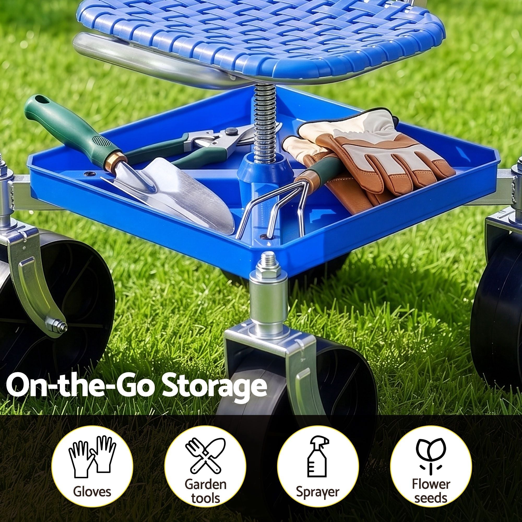 Garden Cart Seat Rolling Stool with 360° Swivel, Height Adjustable, Storage and Castor Wheels - Blue - Home & Garden > Garden Tools > Gardening Accessories - Rivercity House & Home Co. (ABN 18 642 972 209) - Affordable Modern Furniture Australia