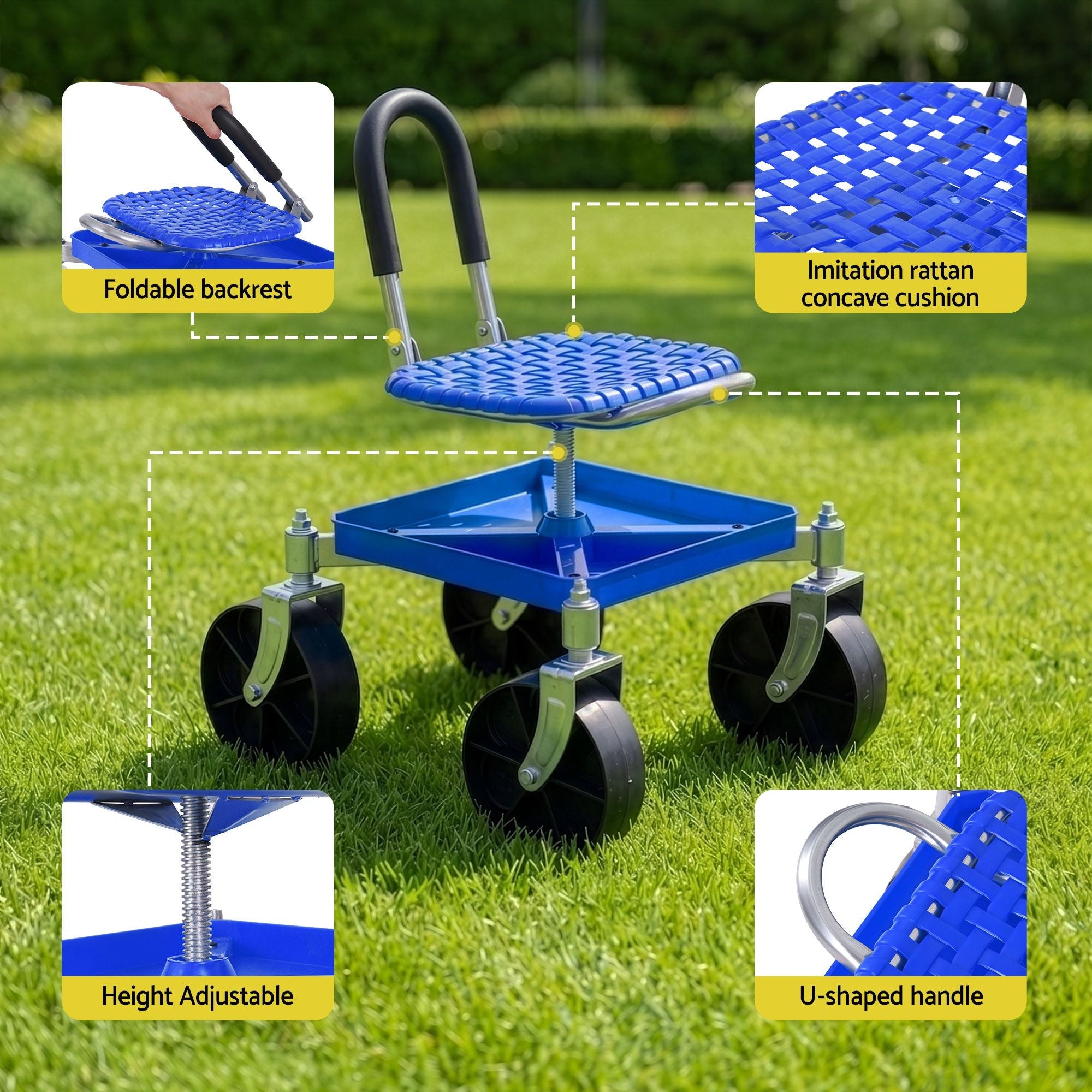 Garden Cart Seat Rolling Stool with 360° Swivel, Height Adjustable, Storage and Castor Wheels - Blue - Home & Garden > Garden Tools > Gardening Accessories - Rivercity House & Home Co. (ABN 18 642 972 209) - Affordable Modern Furniture Australia