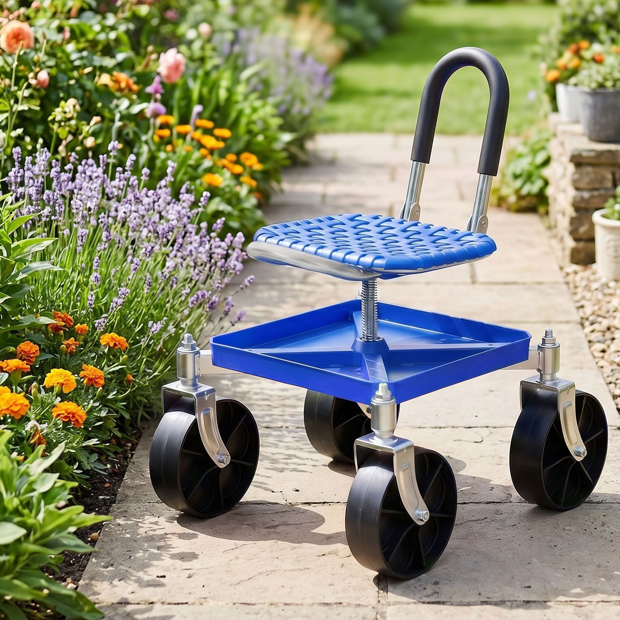 Garden Cart Seat Rolling Stool with 360° Swivel, Height Adjustable, Storage and Castor Wheels - Blue - Home & Garden > Garden Tools > Gardening Accessories - Rivercity House & Home Co. (ABN 18 642 972 209) - Affordable Modern Furniture Australia
