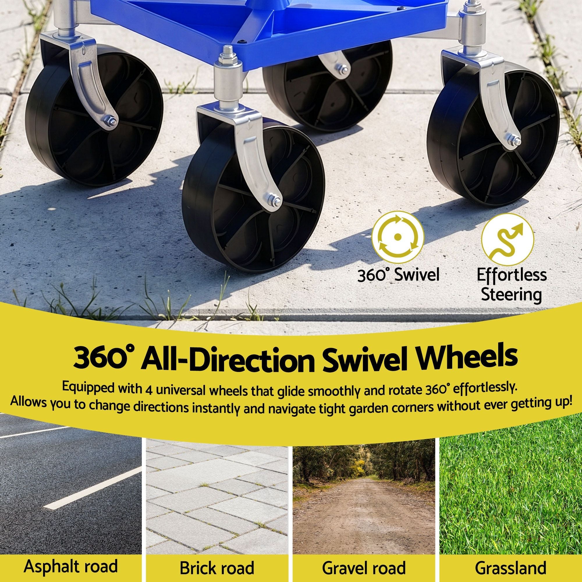 Garden Cart Seat Rolling Stool with 360° Swivel, Height Adjustable, Storage and Castor Wheels - Blue - Home & Garden > Garden Tools > Gardening Accessories - Rivercity House & Home Co. (ABN 18 642 972 209) - Affordable Modern Furniture Australia