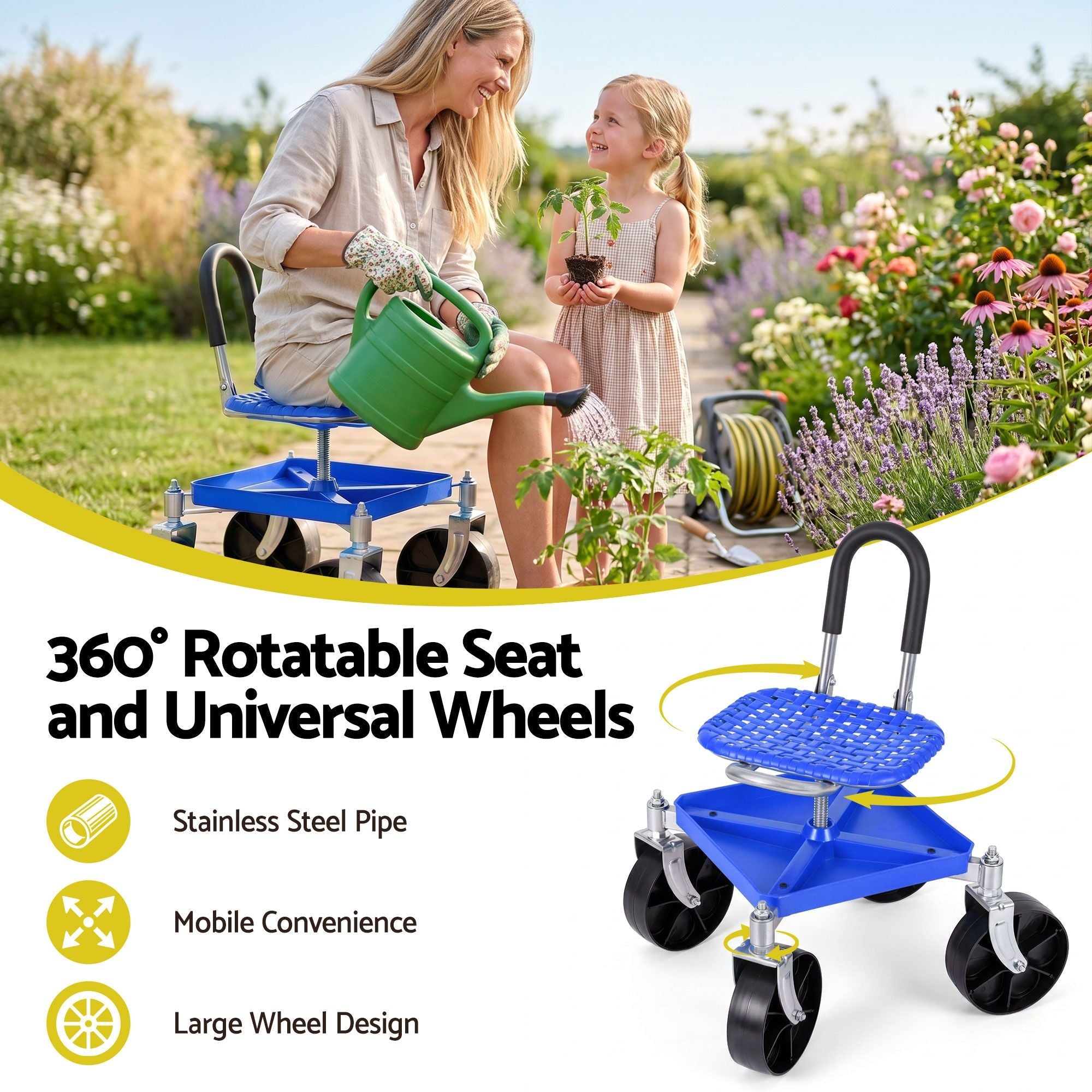 Garden Cart Seat Rolling Stool with 360° Swivel, Height Adjustable, Storage and Castor Wheels - Blue - Home & Garden > Garden Tools > Gardening Accessories - Rivercity House & Home Co. (ABN 18 642 972 209) - Affordable Modern Furniture Australia