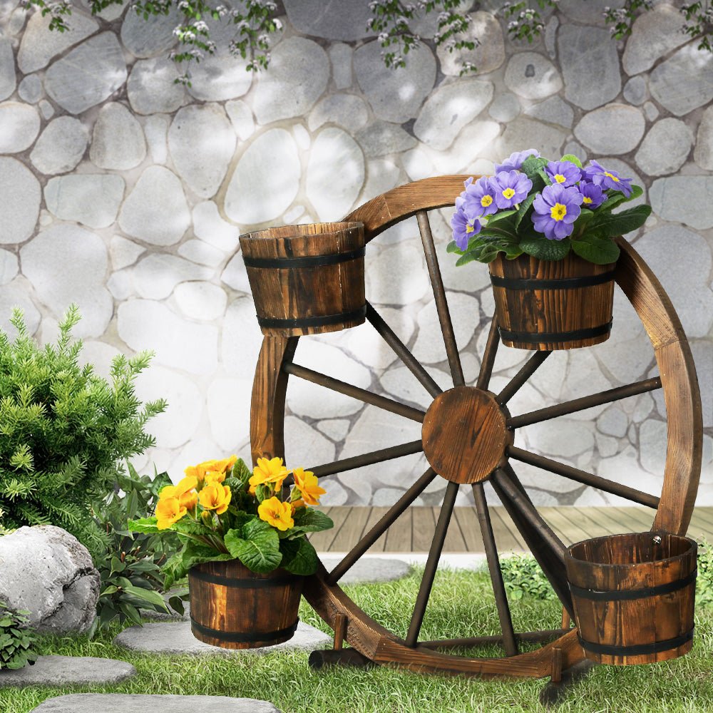 Garden Decor Plant Stand Outdoor Ornament Wooden Wagon Wheel 80cm - Home & Garden > Decor > Garden Ornaments - Rivercity House & Home Co. (ABN 18 642 972 209) - Affordable Modern Furniture Australia