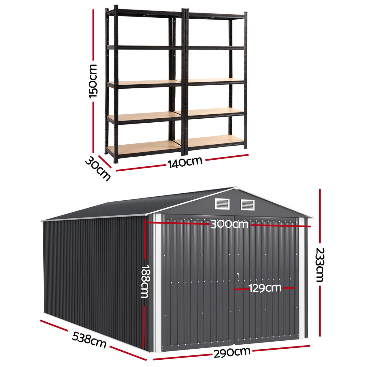 Garden Shed 3x5.38m with 2x 5-Tier Garage Shelving Racks Outdoor Tool Storage - Home & Garden > Storage > Sheds - Rivercity House & Home Co. (ABN 18 642 972 209) - Affordable Modern Furniture Australia