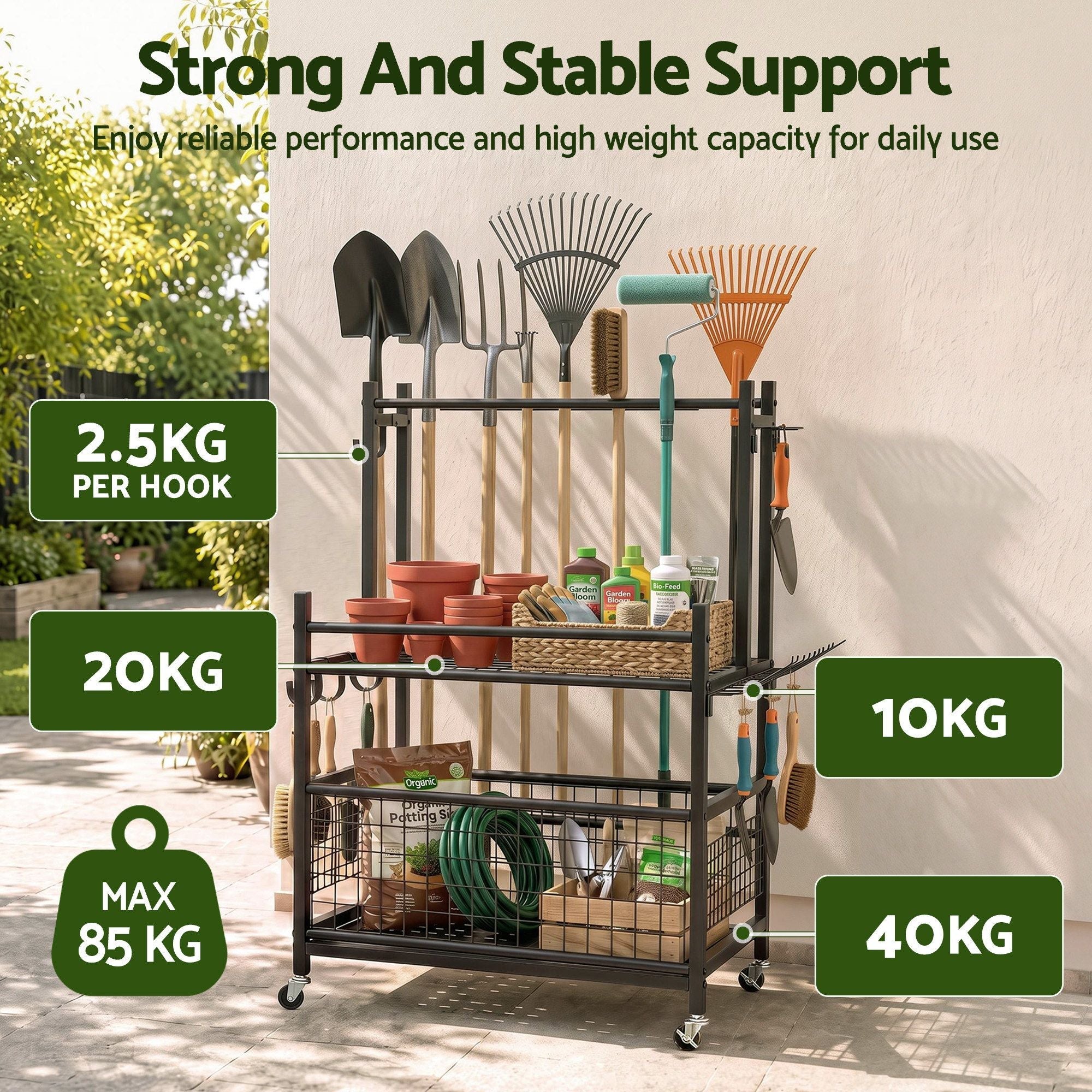 Garden Tool Organizer Rack 16 Slots Rolling Garage Storage with Hooks - Tools > Tools Storage > Wall Storage Racks - Rivercity House & Home Co. (ABN 18 642 972 209) - Affordable Modern Furniture Australia