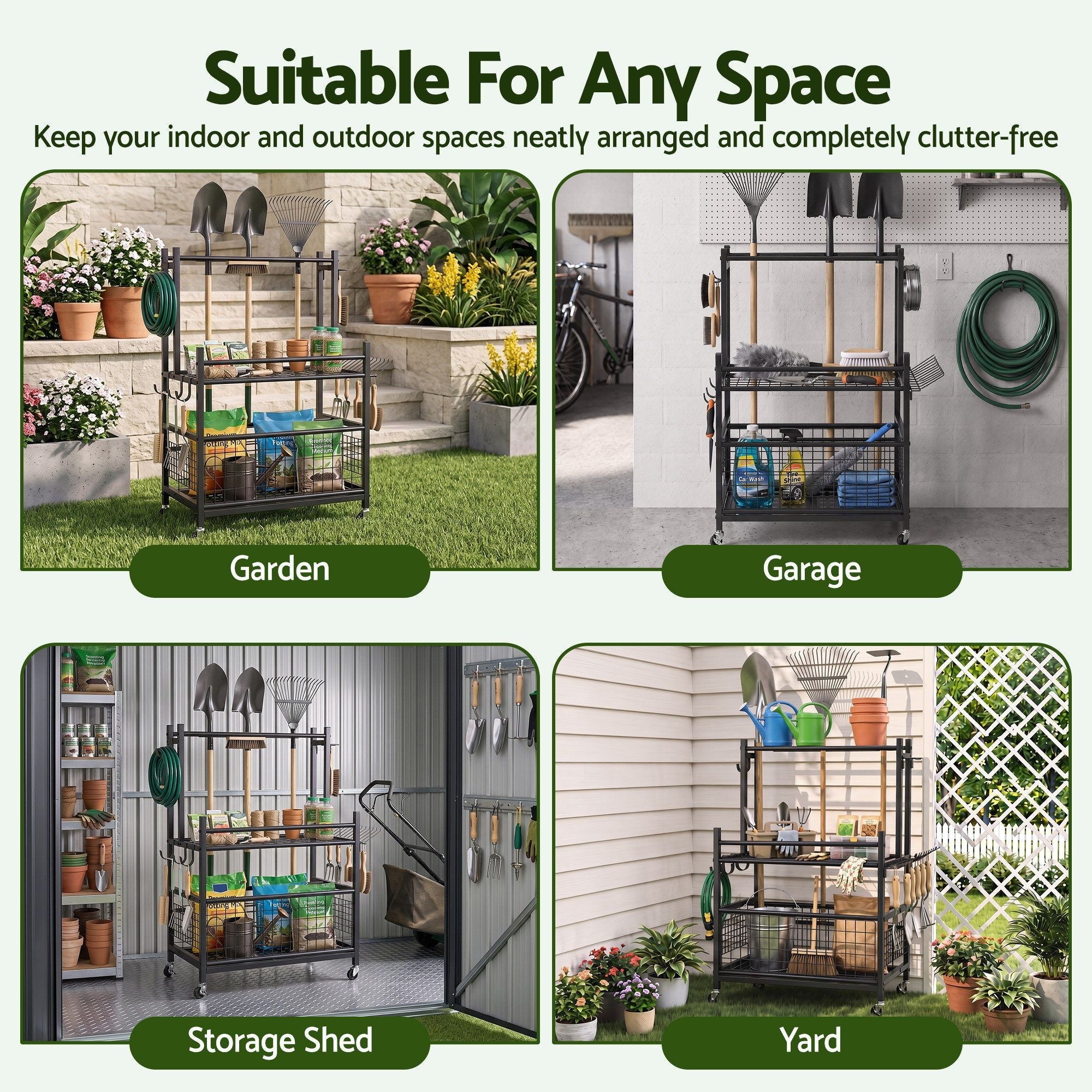 Garden Tool Organizer Rack 16 Slots Rolling Garage Storage with Hooks - Tools > Tools Storage > Wall Storage Racks - Rivercity House & Home Co. (ABN 18 642 972 209) - Affordable Modern Furniture Australia