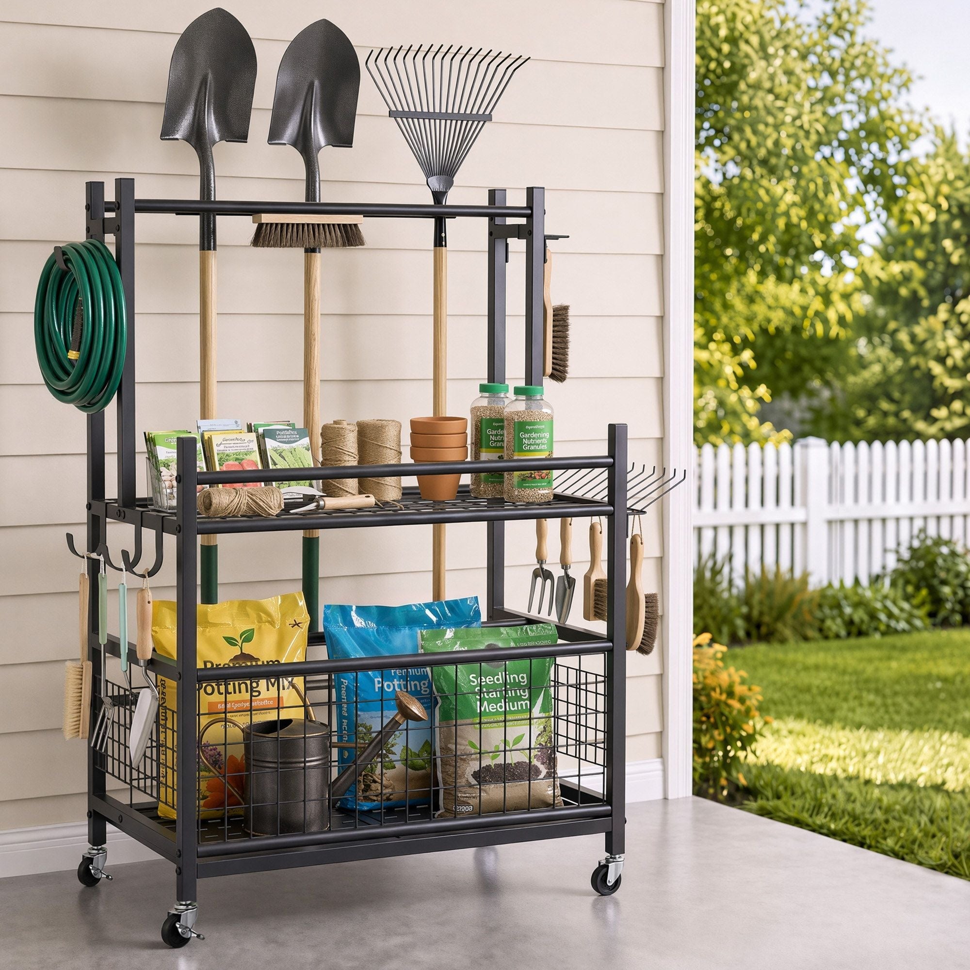 Garden Tool Organizer Rack 16 Slots Rolling Garage Storage with Hooks - Tools > Tools Storage > Wall Storage Racks - Rivercity House & Home Co. (ABN 18 642 972 209) - Affordable Modern Furniture Australia