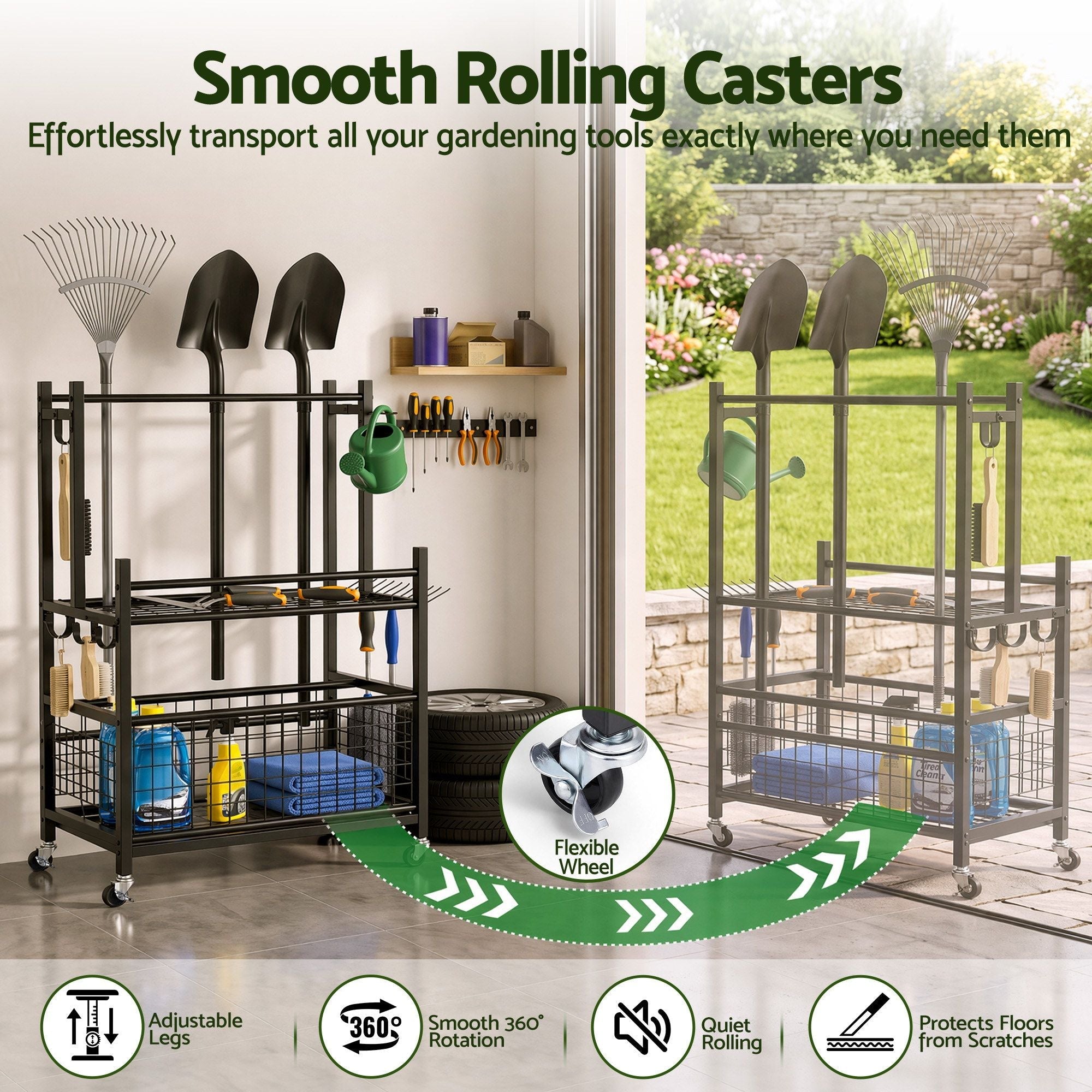 Garden Tool Organizer Rack 16 Slots Rolling Garage Storage with Hooks - Tools > Tools Storage > Wall Storage Racks - Rivercity House & Home Co. (ABN 18 642 972 209) - Affordable Modern Furniture Australia