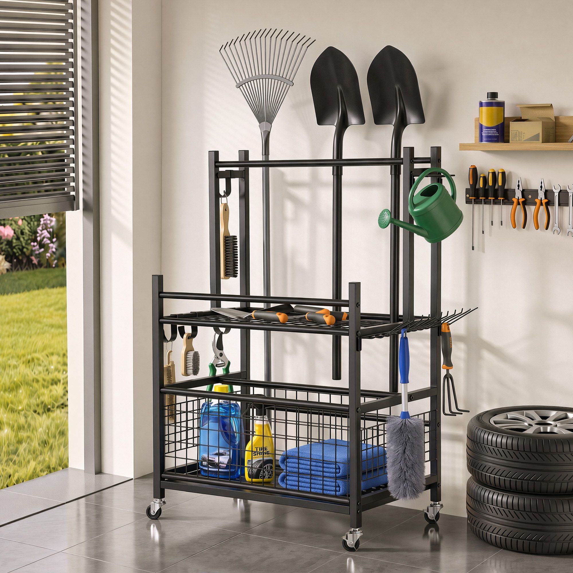Garden Tool Organizer Rack 16 Slots Rolling Garage Storage with Hooks - Tools > Tools Storage > Wall Storage Racks - Rivercity House & Home Co. (ABN 18 642 972 209) - Affordable Modern Furniture Australia
