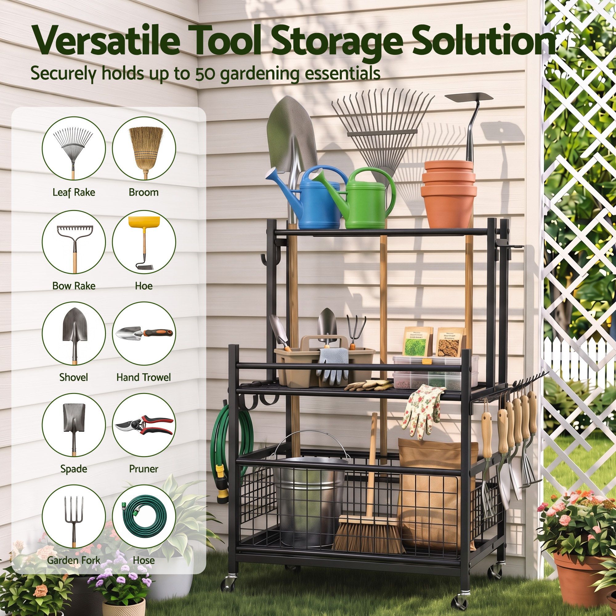 Garden Tool Organizer Rack 16 Slots Rolling Garage Storage with Hooks - Tools > Tools Storage > Wall Storage Racks - Rivercity House & Home Co. (ABN 18 642 972 209) - Affordable Modern Furniture Australia
