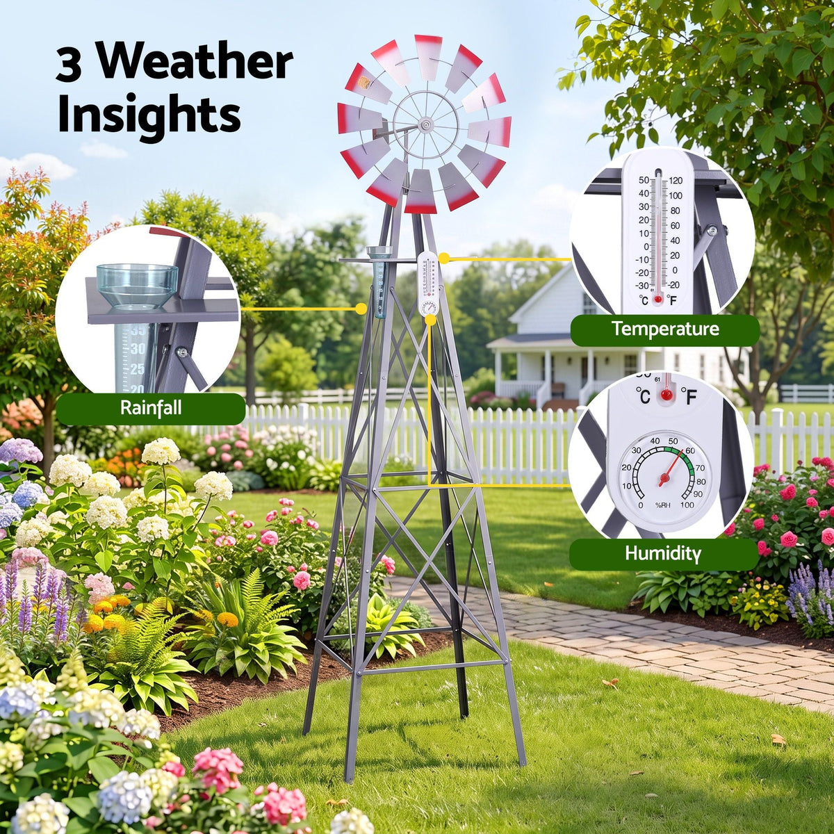 Garden Windmill Metal Weather Station with Rain Gauge 243cm - Silver - Home & Garden > Decor > Garden Ornaments - Rivercity House & Home Co. (ABN 18 642 972 209) - Affordable Modern Furniture Australia
