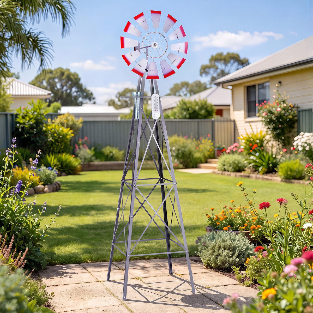 Garden Windmill Metal Weather Station with Rain Gauge 243cm - Silver - Home & Garden > Decor > Garden Ornaments - Rivercity House & Home Co. (ABN 18 642 972 209) - Affordable Modern Furniture Australia