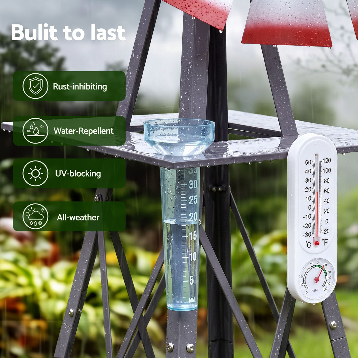 Garden Windmill Metal Weather Station with Rain Gauge 243cm - Silver - Home & Garden > Decor > Garden Ornaments - Rivercity House & Home Co. (ABN 18 642 972 209) - Affordable Modern Furniture Australia